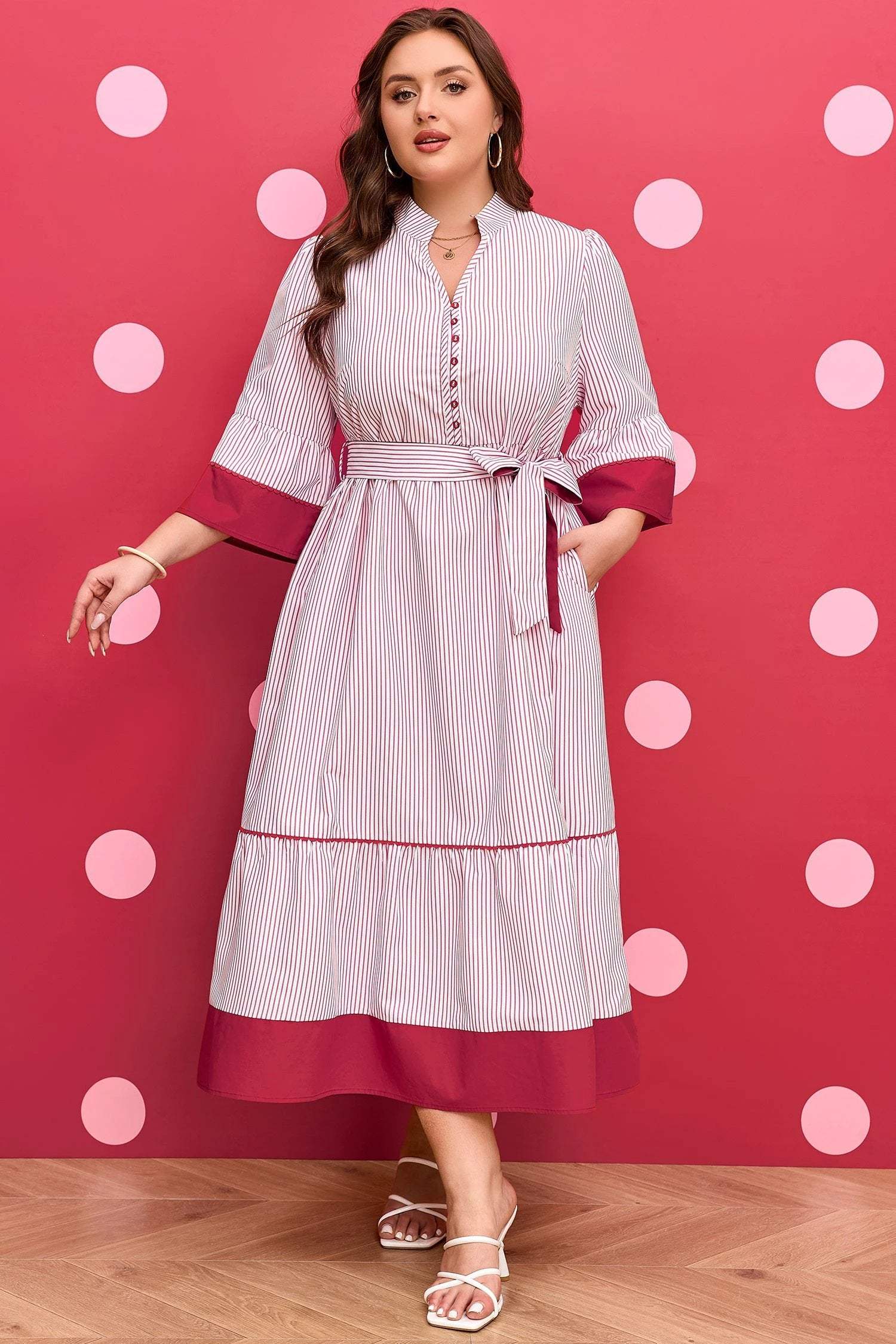 red stripe plus size ruffled hem pinstriped midi dress for women casual everyday outfit