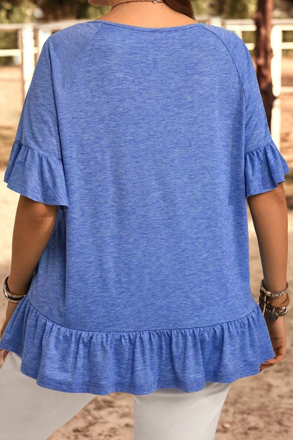 dusk blue ruffled short sleeve plus size casual blouse for women casual everyday outfit