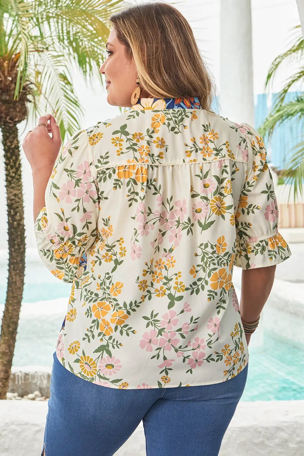Dear-Lover Dropshipping Multicolour Plus Size Floral Print Woven V Neck Half Sleeve Blouse - Plus Size/Plus Size Tops/Plus Size Blouses & Shirts
