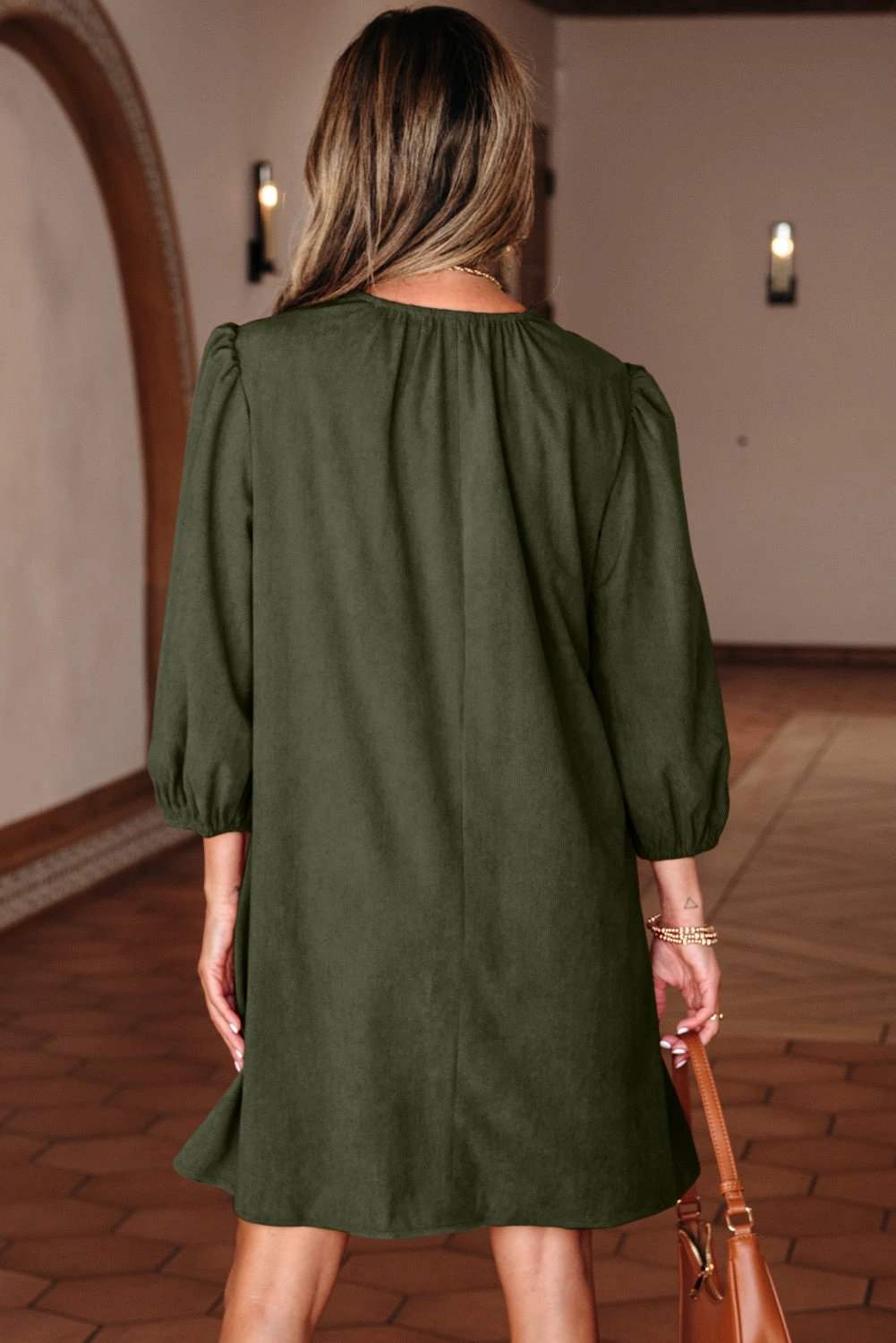 Moss green corduroy mini dress with bracelet sleeves, split neck, and scallop detail from Sunday Ready collection
