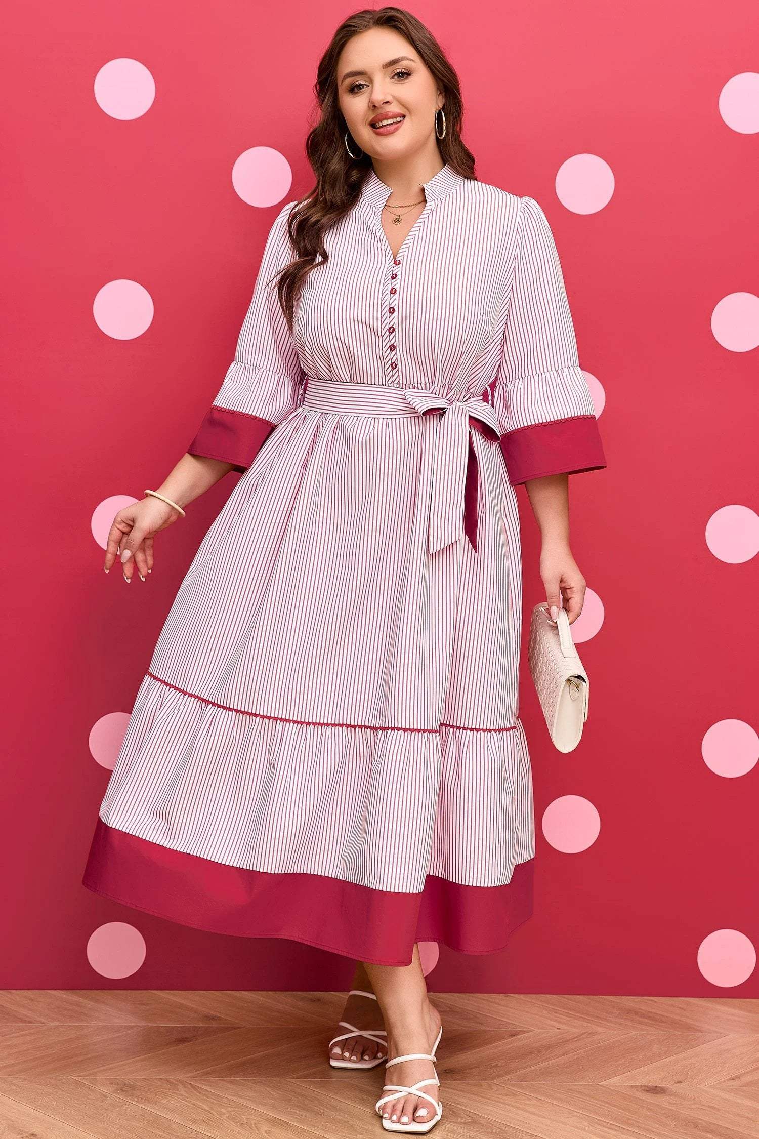red stripe plus size ruffled hem pinstriped midi dress for women casual everyday outfit