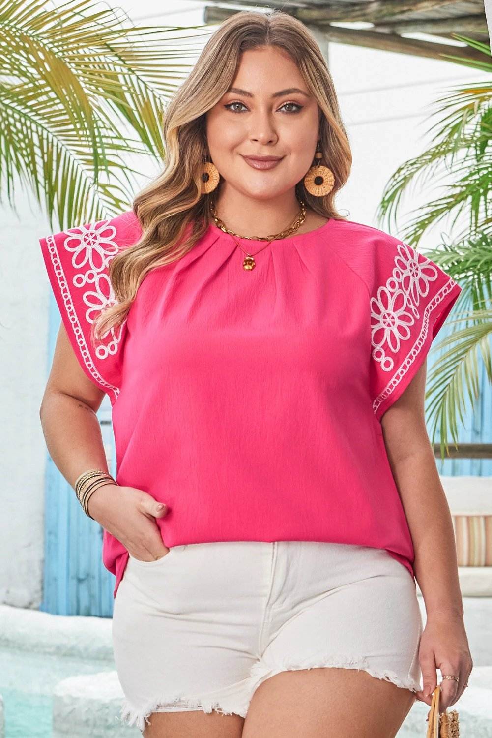 strawberry pink floral embroidered flutter sleeve pleated o neck plus size blouse for women casual everyday outfit