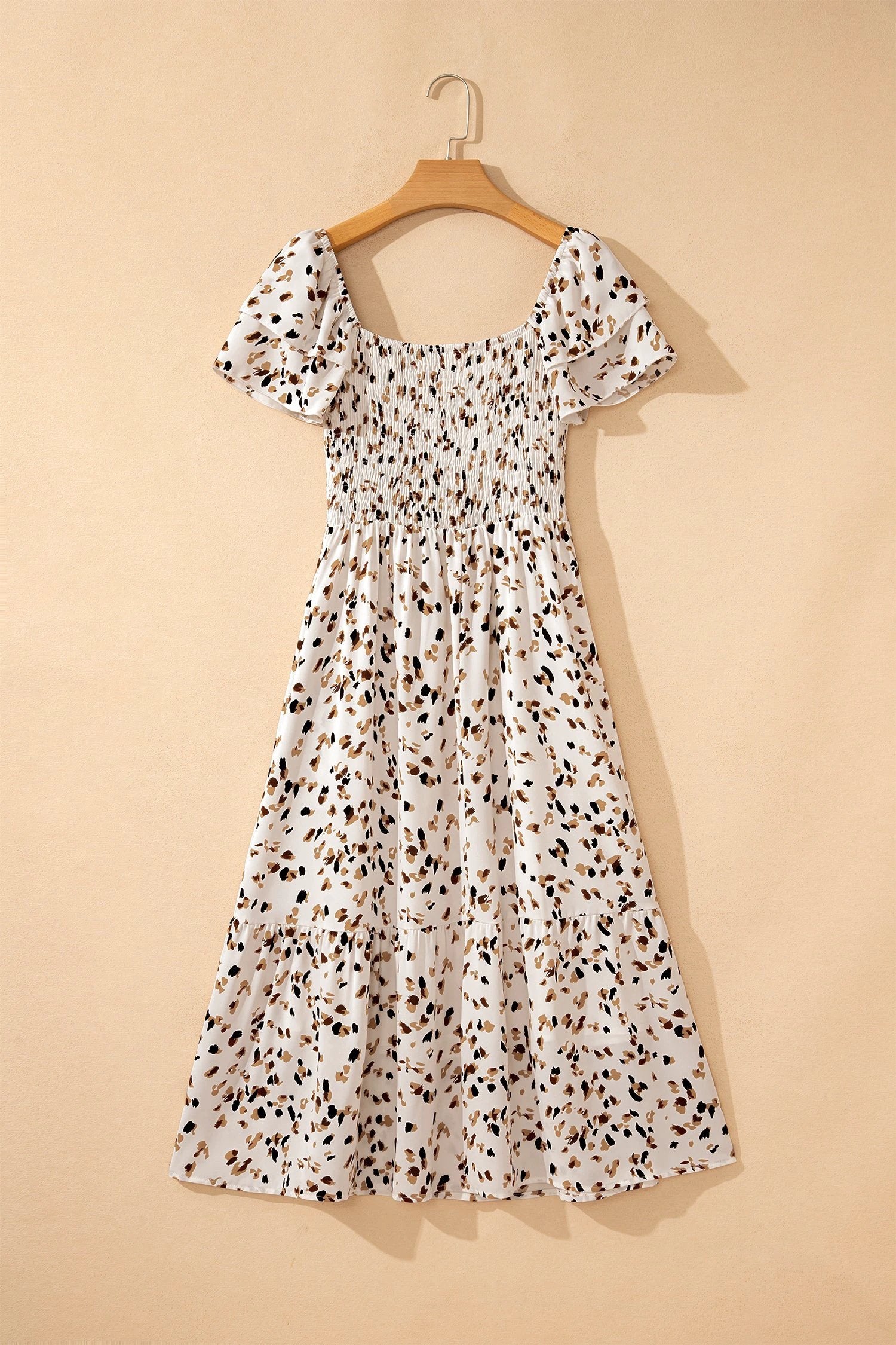 beige ditsy floral print smocked square neck ruffle short sleeve dress for women casual everyday outfit