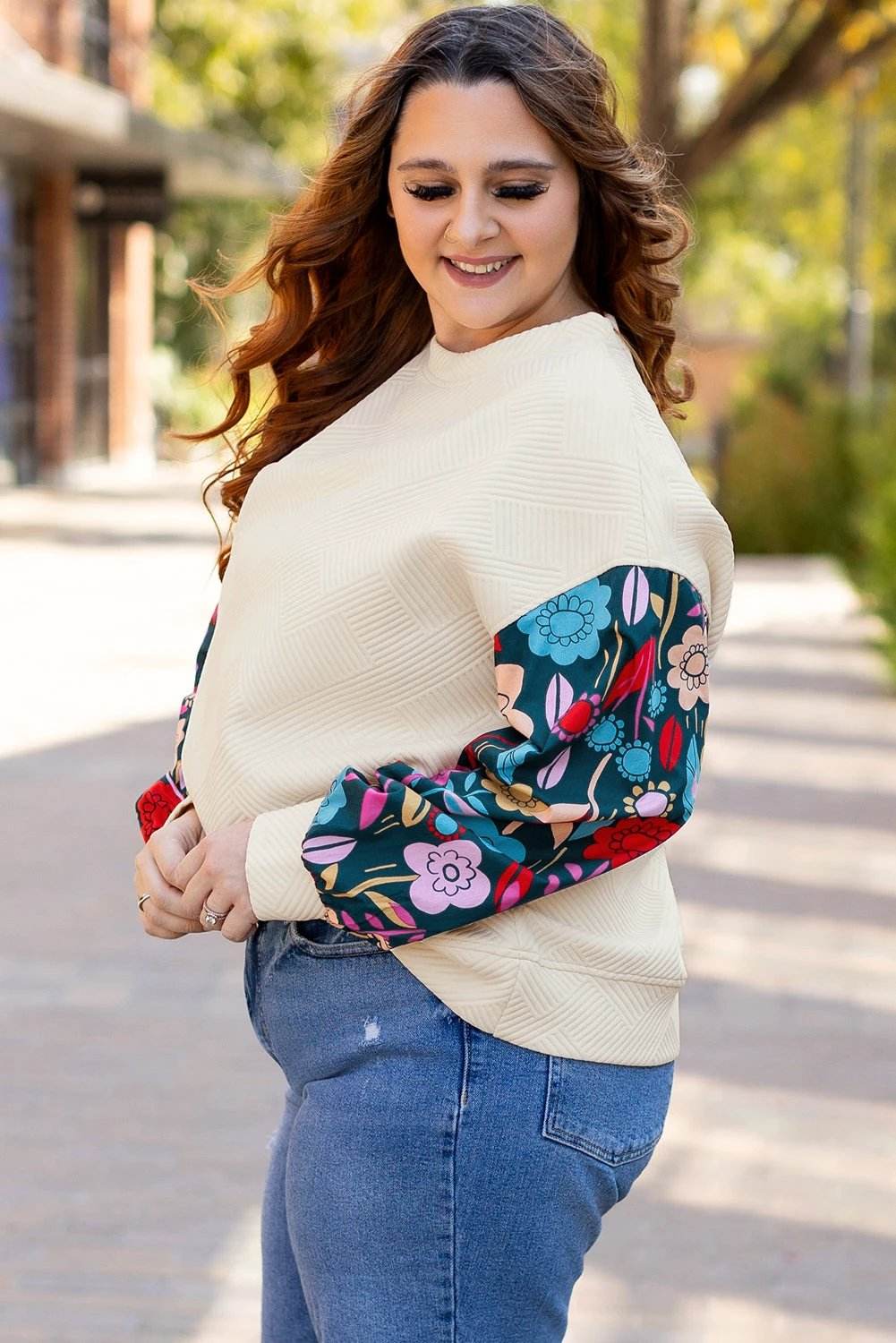 white floral patchwork sleeve textured plus size pullover top for women casual everyday outfit