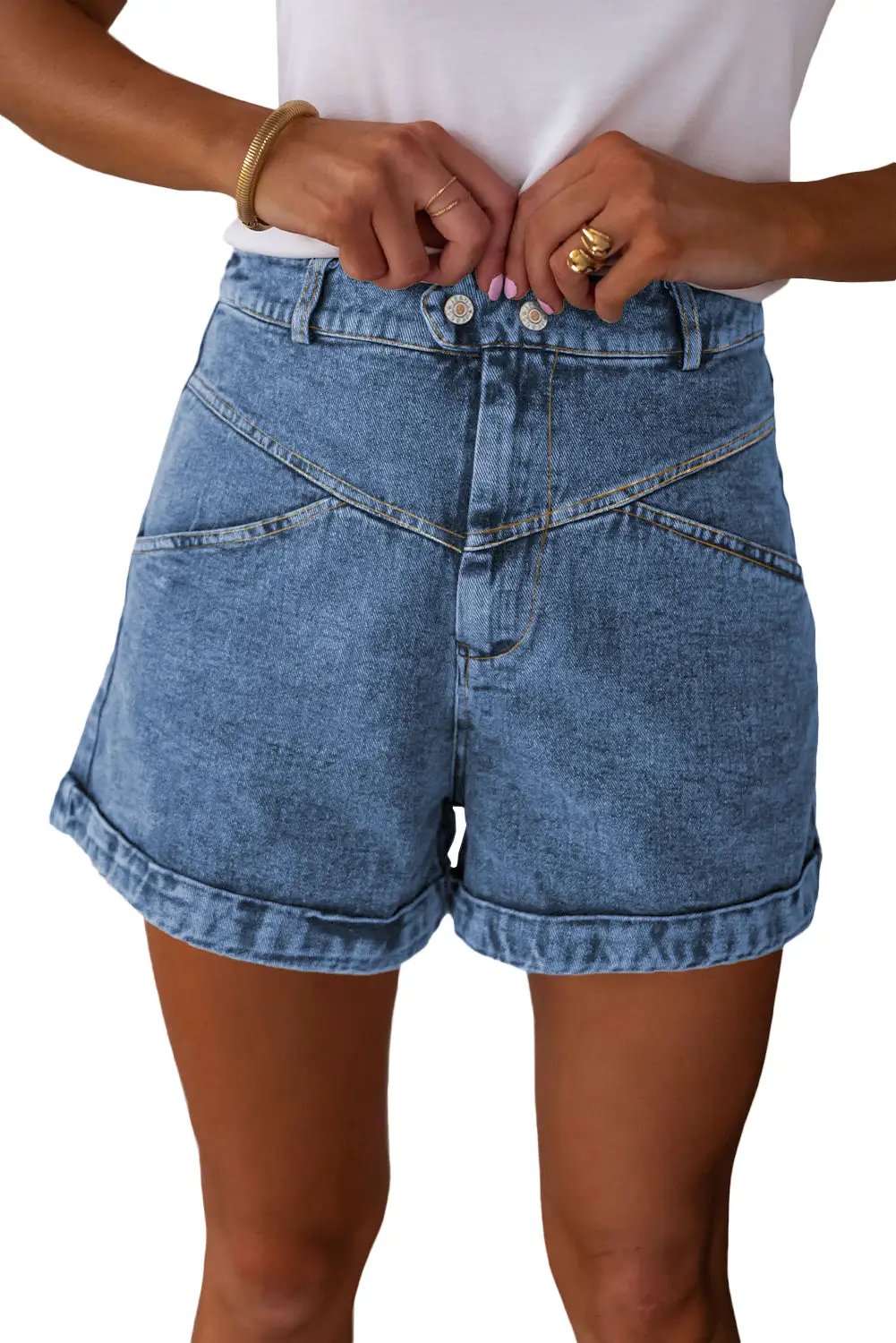 Dear-Lover Dropshipping Ivy Seam Detail Pocketed Cuffed Hem Denim Shorts - Bottoms/Denim Shorts