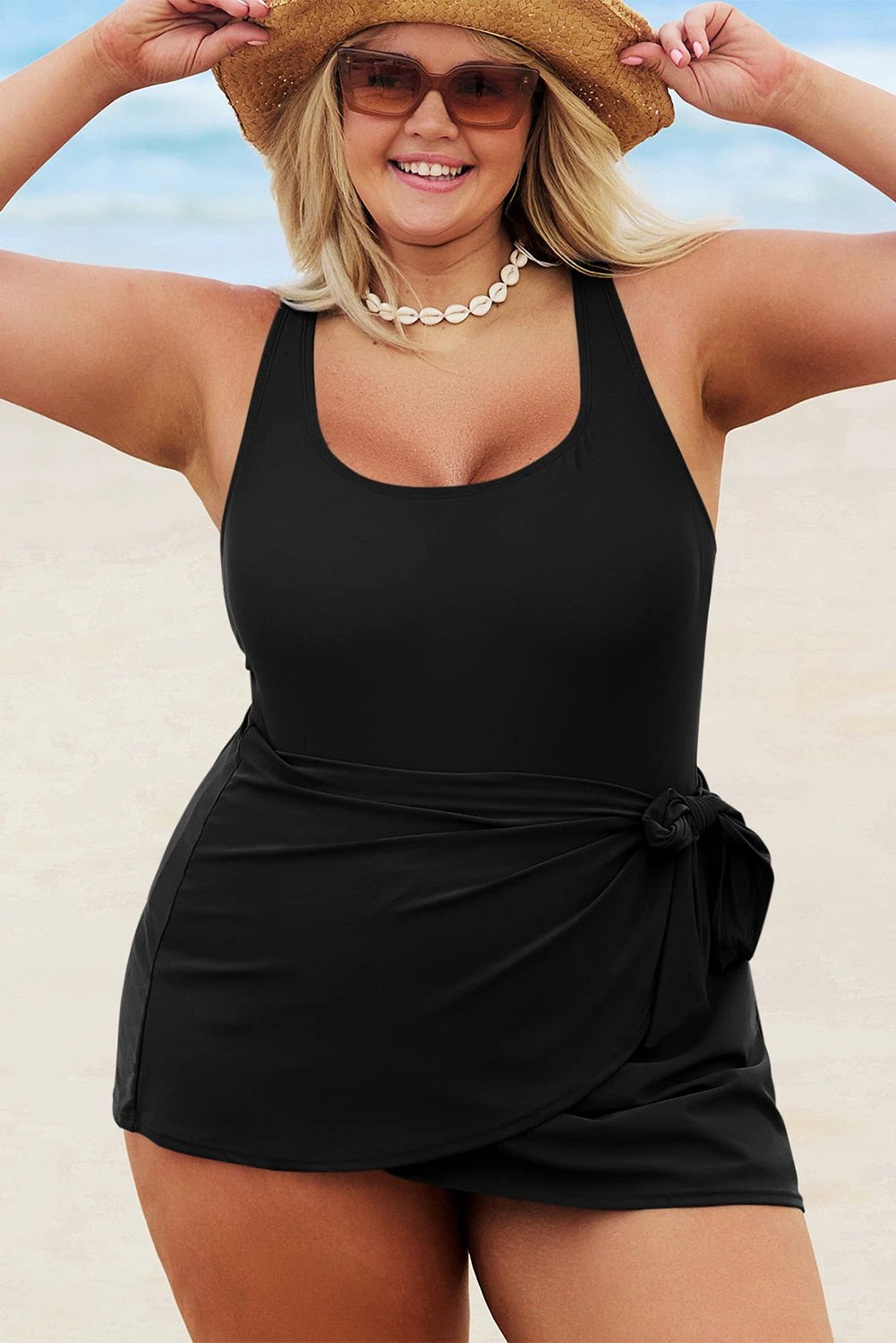black solid color square neck knotted plus size one piece swimsuit for women casual everyday outfit