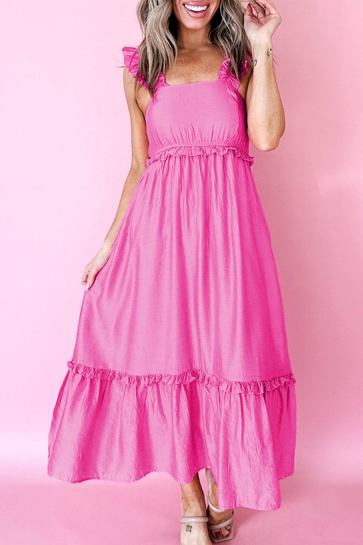 Pink ruffle trim high-waist sleeveless maxi dress from Southern Charm collection in Bonbon solid color