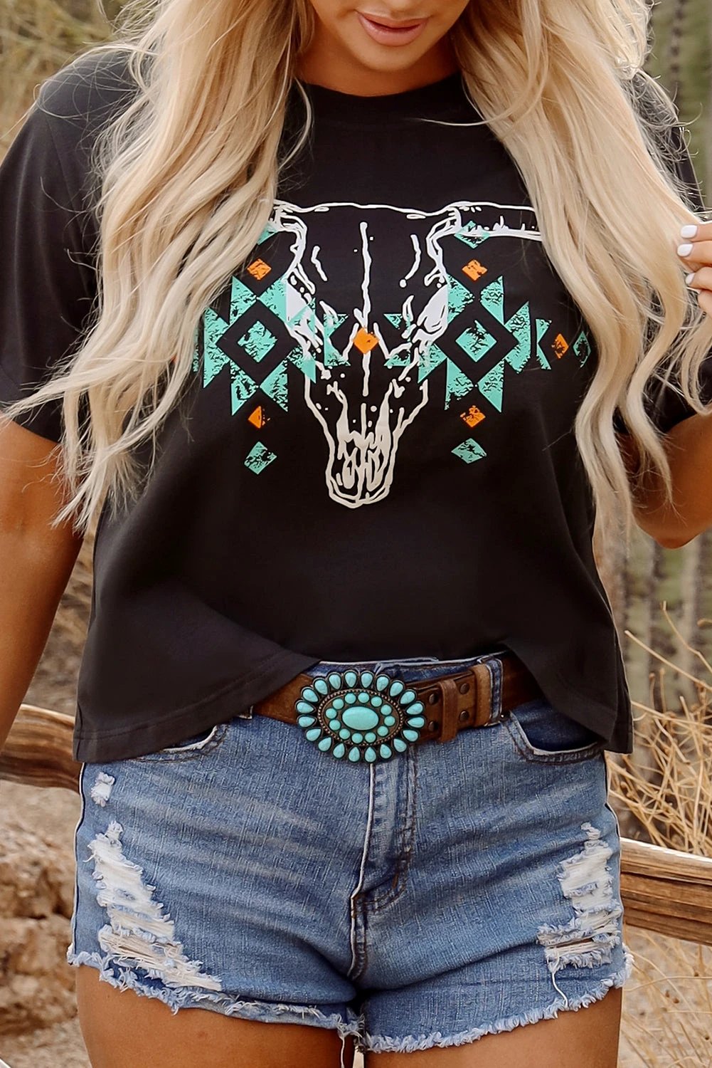 Turquoise Aztec Bull Skull Graphic Tee