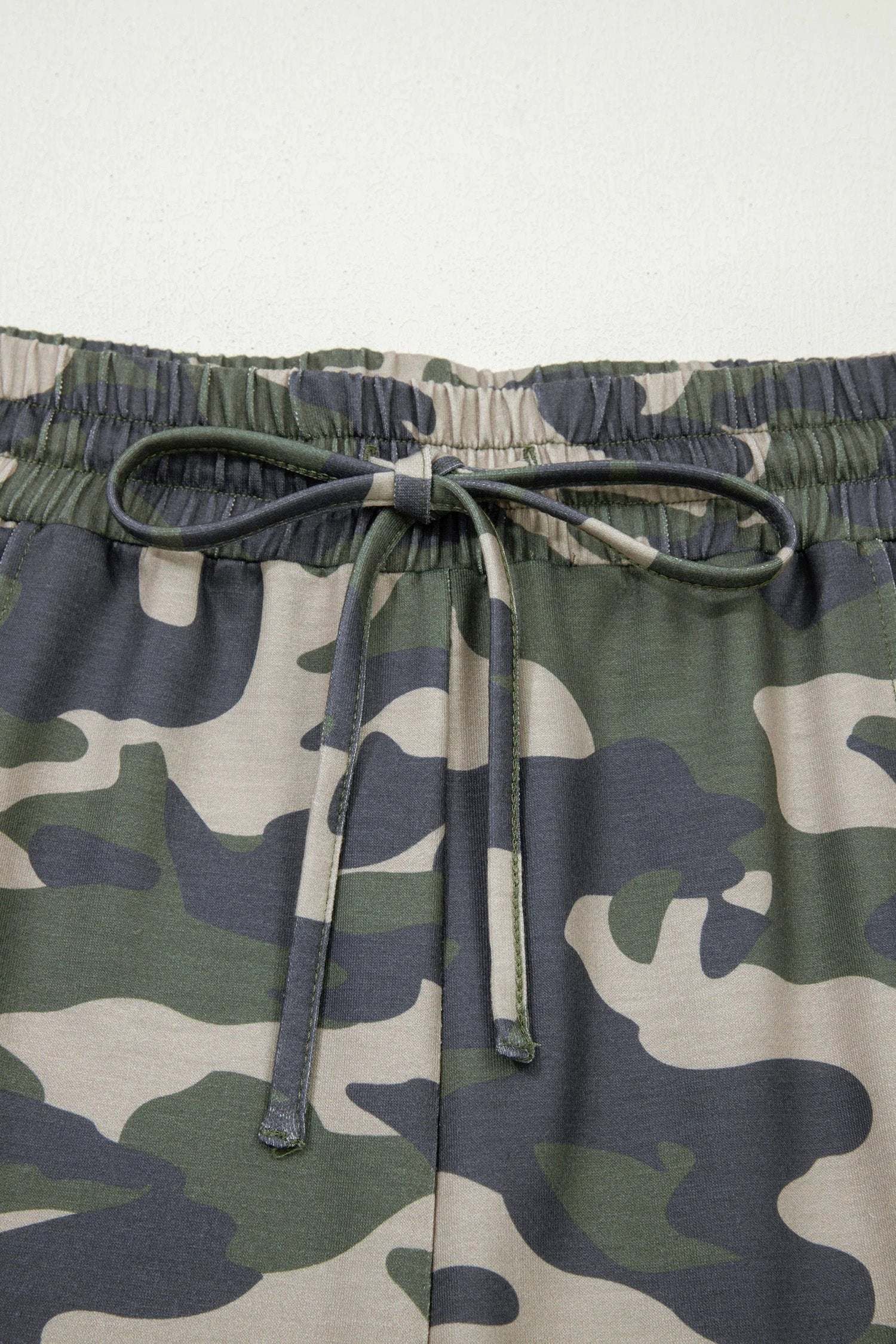 green tie elastic waist pocketed plus size camo shorts for women casual everyday outfit