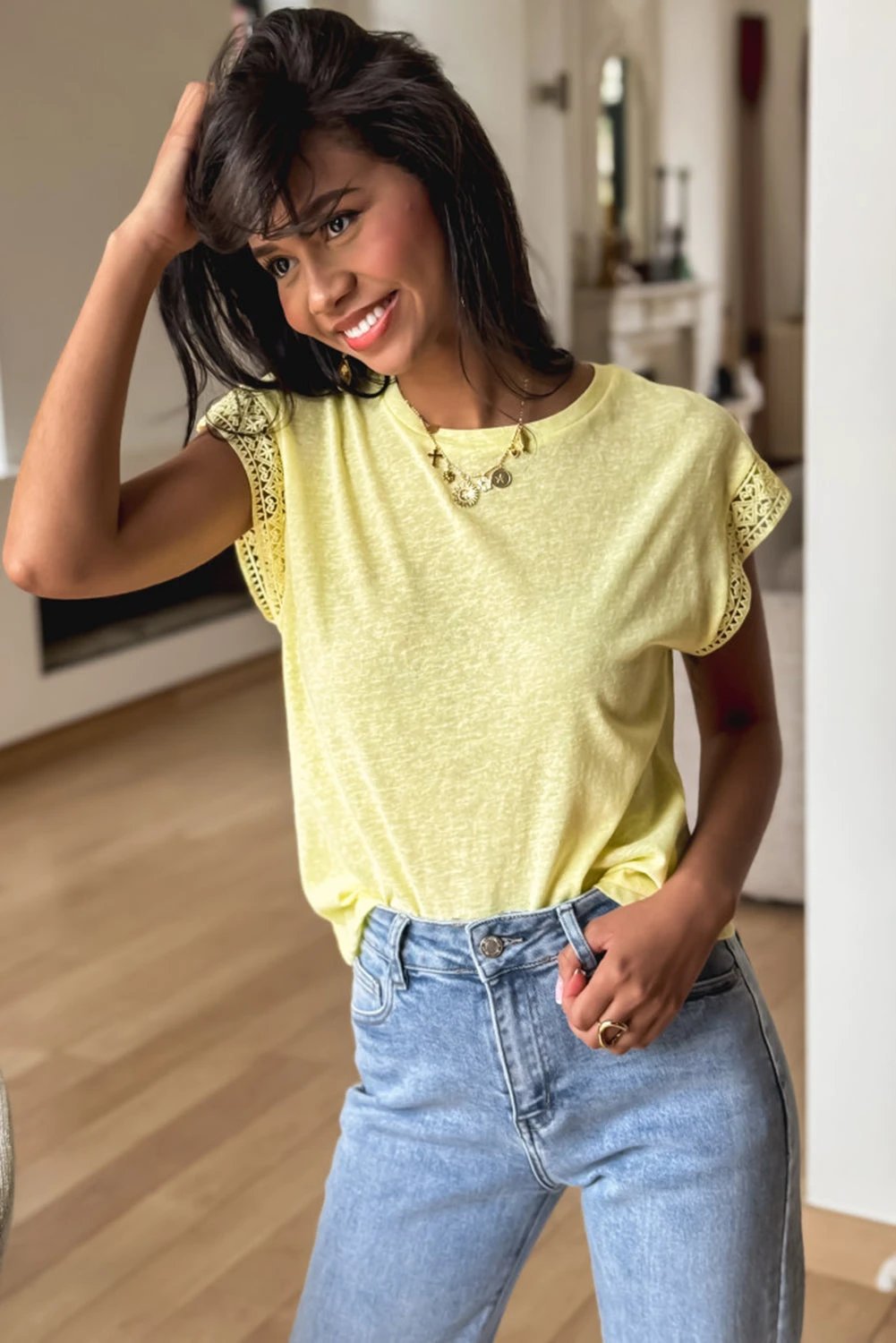 yellow cream lace patchwork cap sleeve round neck t shirt for women casual everyday outfit