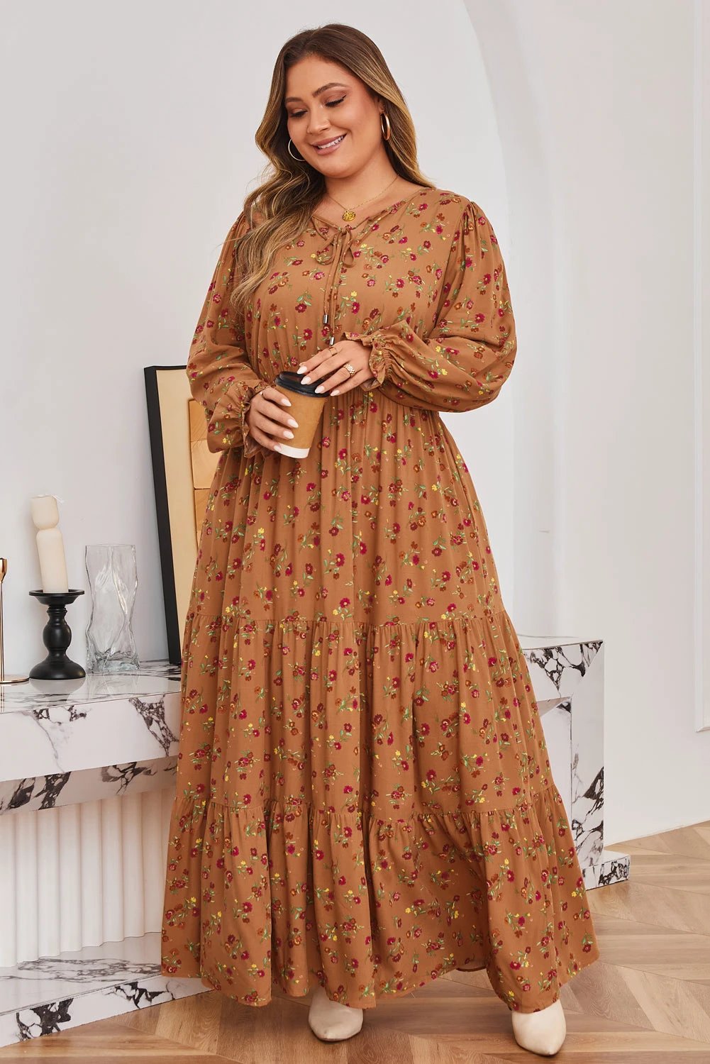 brown plus size floral split v neck ruffled sleeve tiered maxi dress for women casual everyday outfit