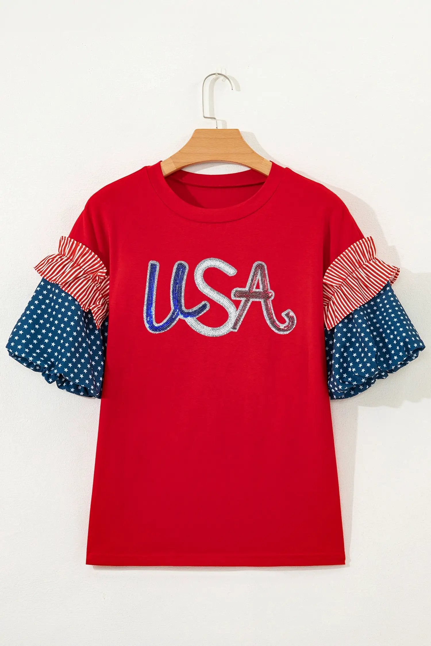Red sequined USA graphic tee with contrast spliced starry blue sleeves