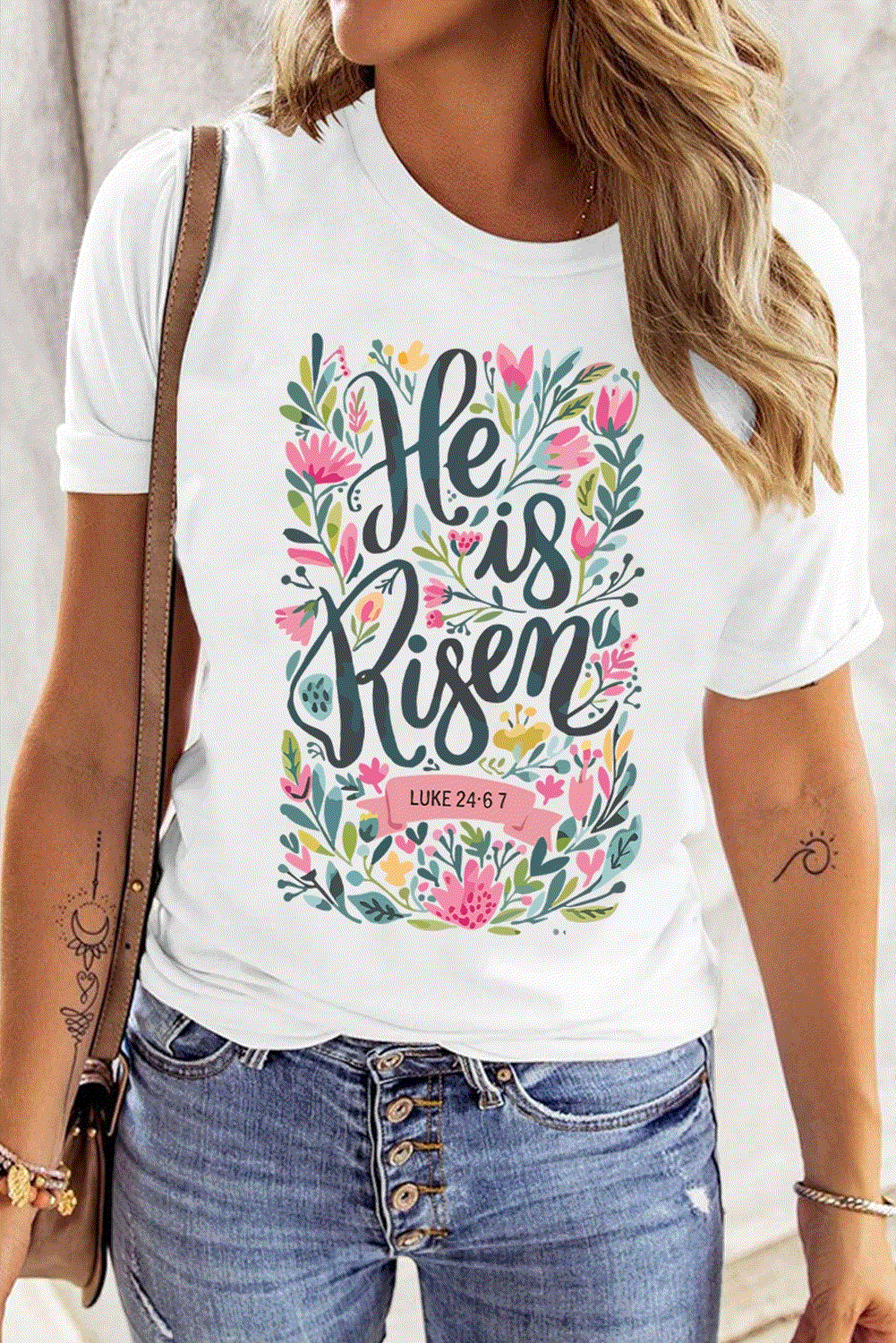 white he is risen floral printed t shirt for women casual everyday outfit