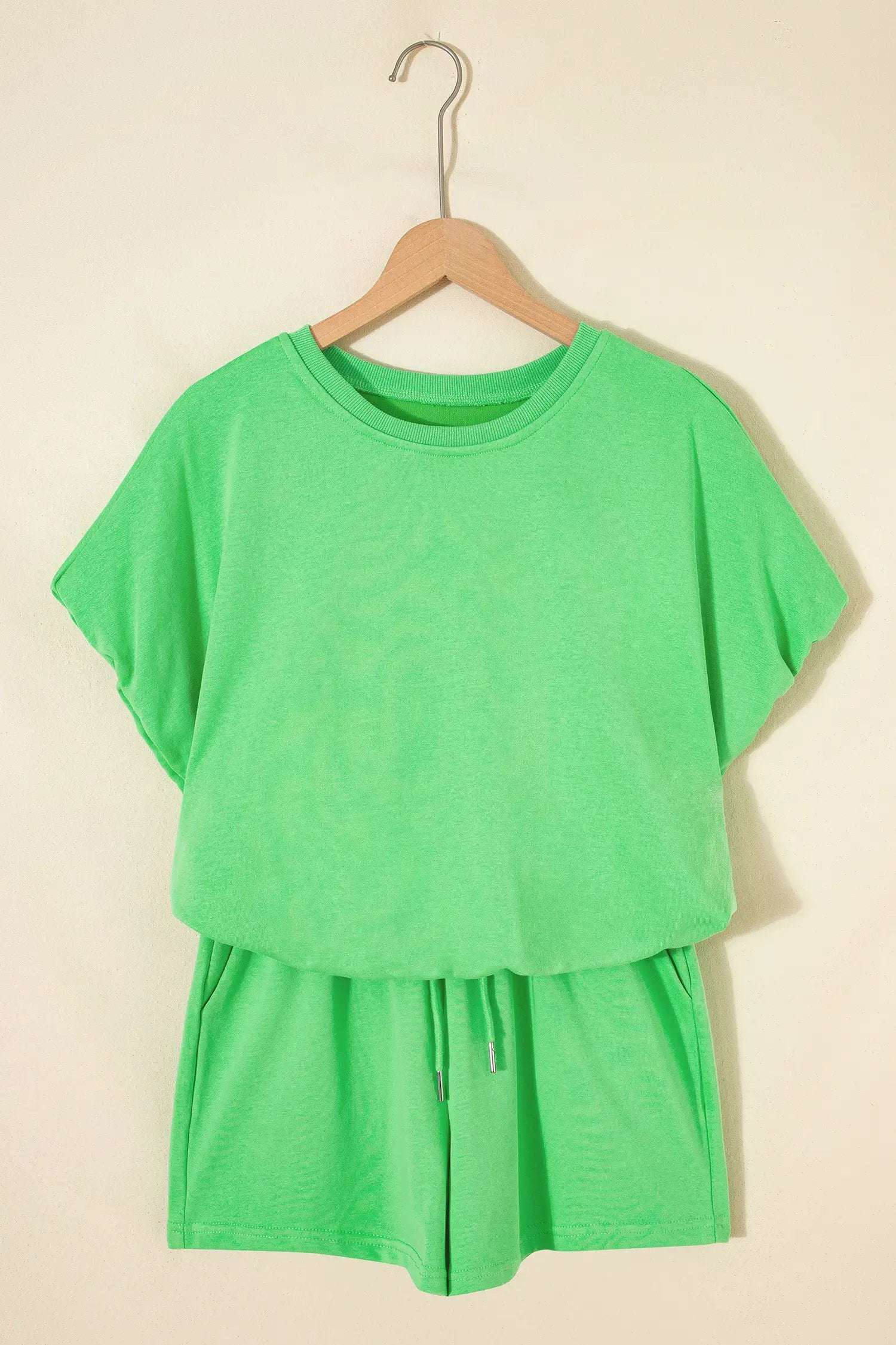 J&H Apparel Green Solid Color Puffy Loose Top Drawstring Shorts 2pcs Outfit - Outfit Sets Two Piece Sets/Short Sets