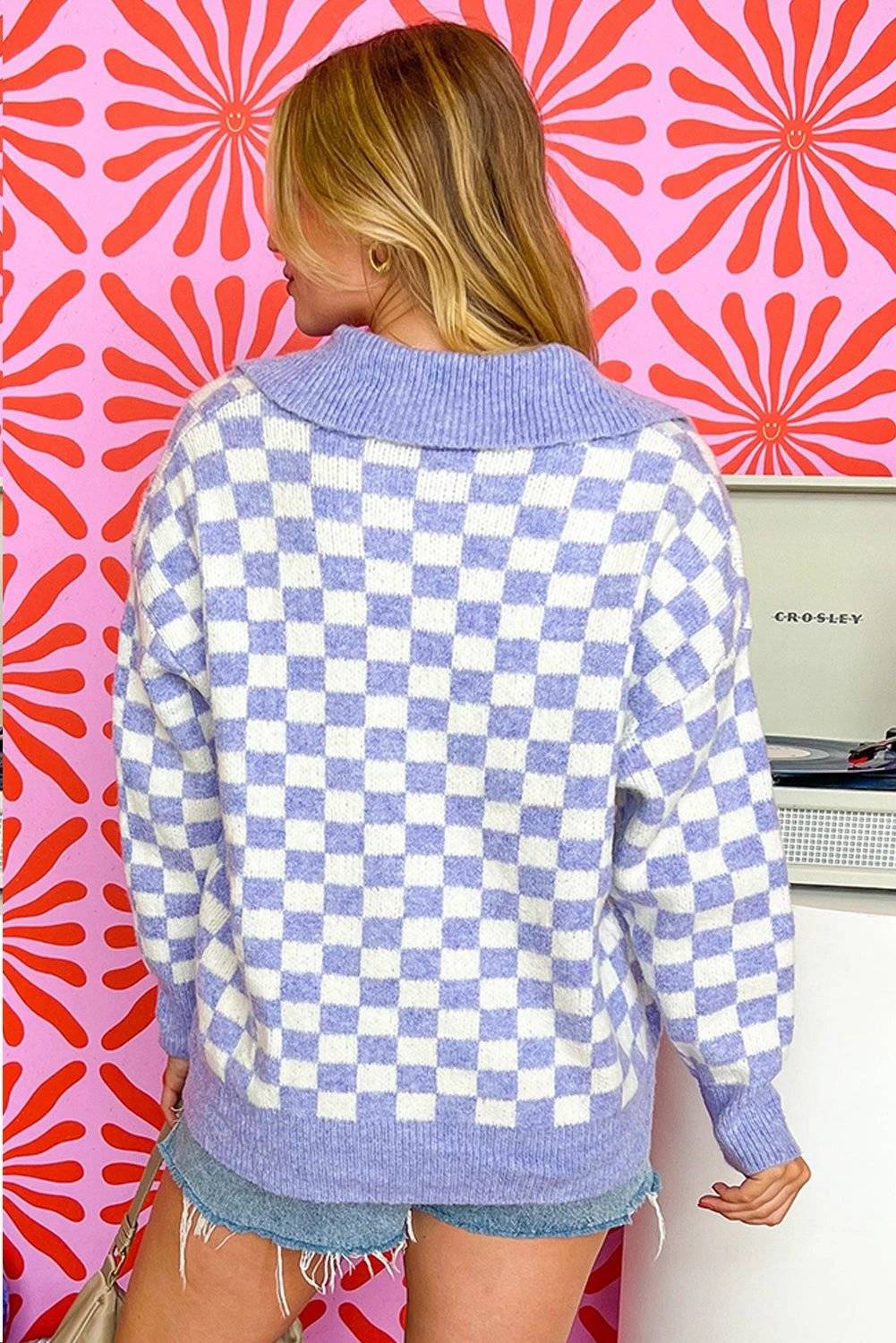 Plus size checkered purple collared button front sweater with relaxed fit and ribbed cuffs