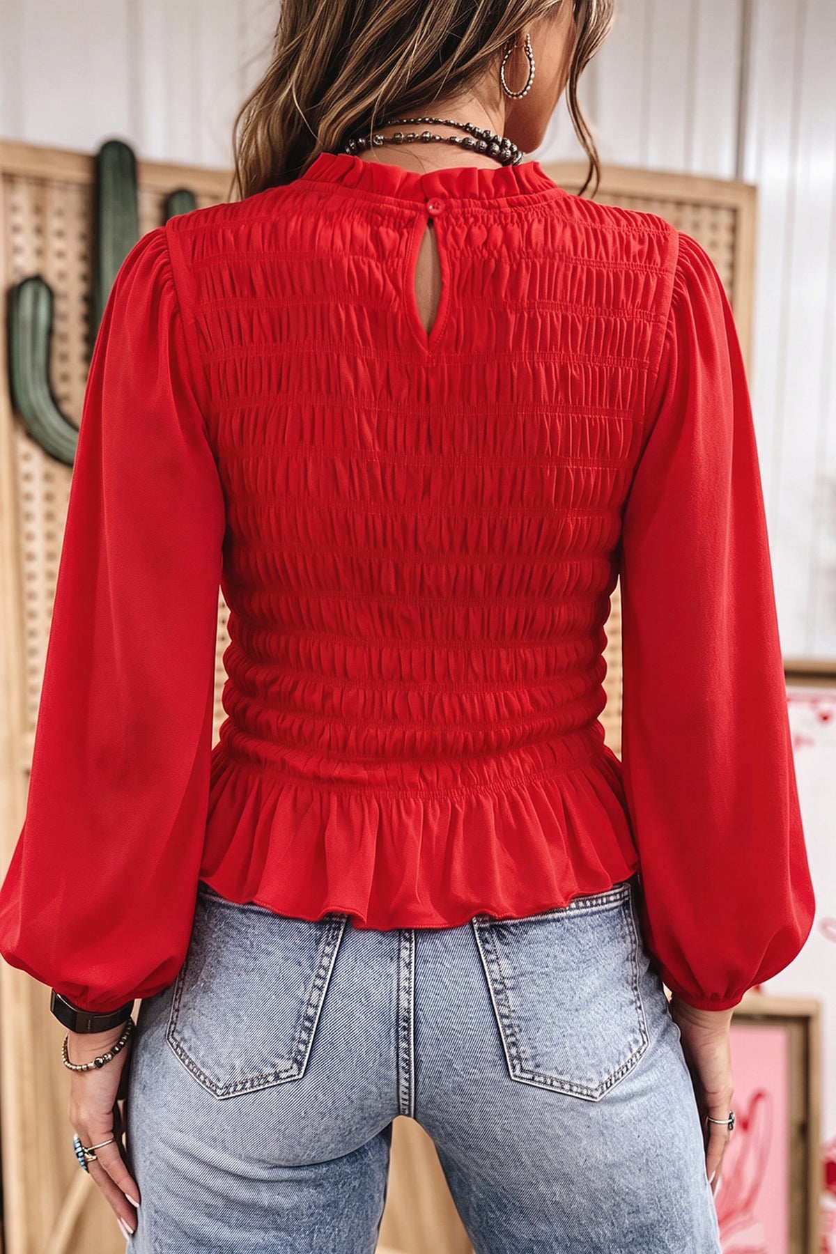 Solid Color Smocked Ruffle Hem Long Sleeve Blouse