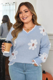 Plus size gray fuzzy flower knit sweater with scalloped V-neck and floral motif