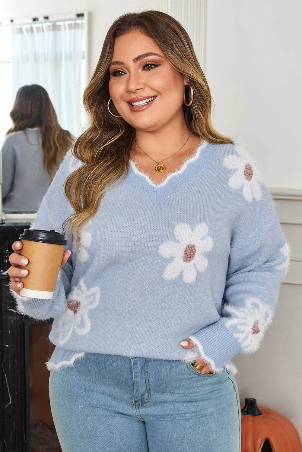 Plus size gray fuzzy flower knit sweater with scalloped V-neck and floral motif