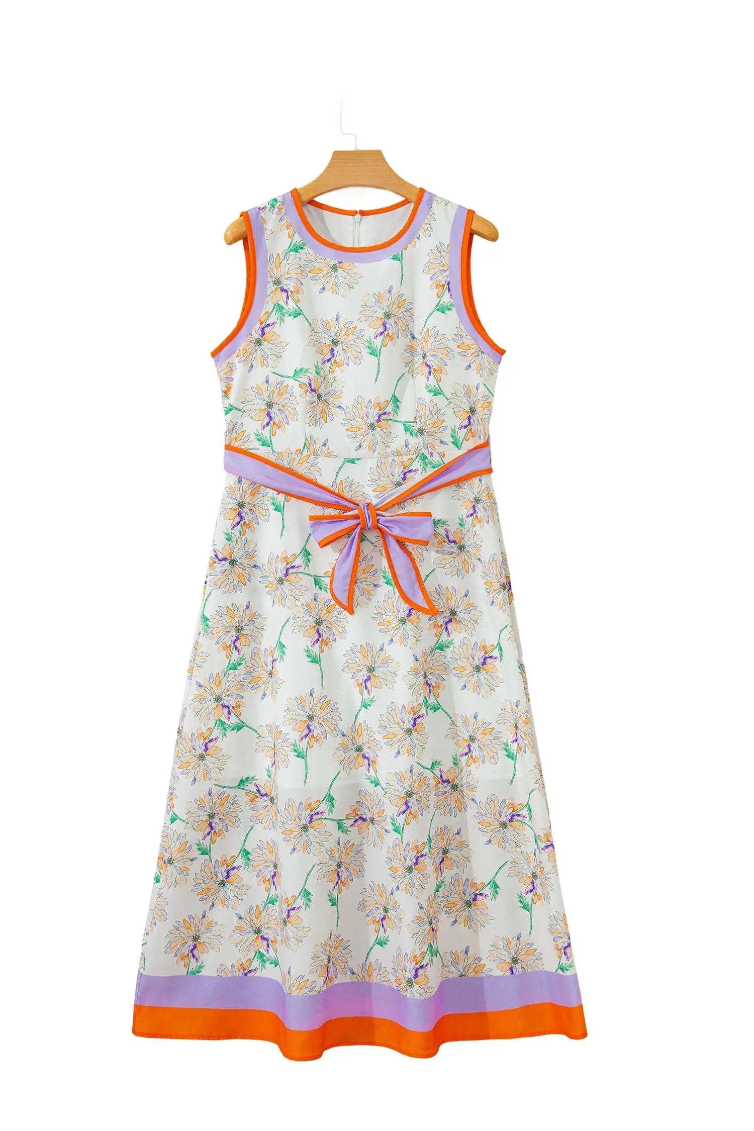 White floral print maxi dress with belted waist and color-block trim