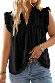 Black plus size Swiss dot ruffle V-neck tank top with lace trim for casual chic style