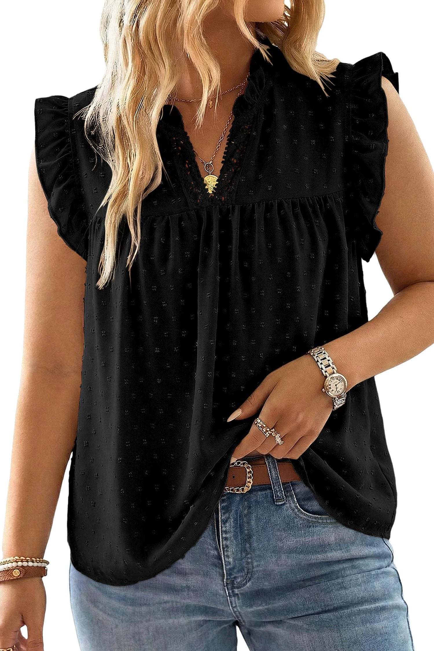 Black plus size Swiss dot ruffle V-neck tank top with lace trim for casual chic style