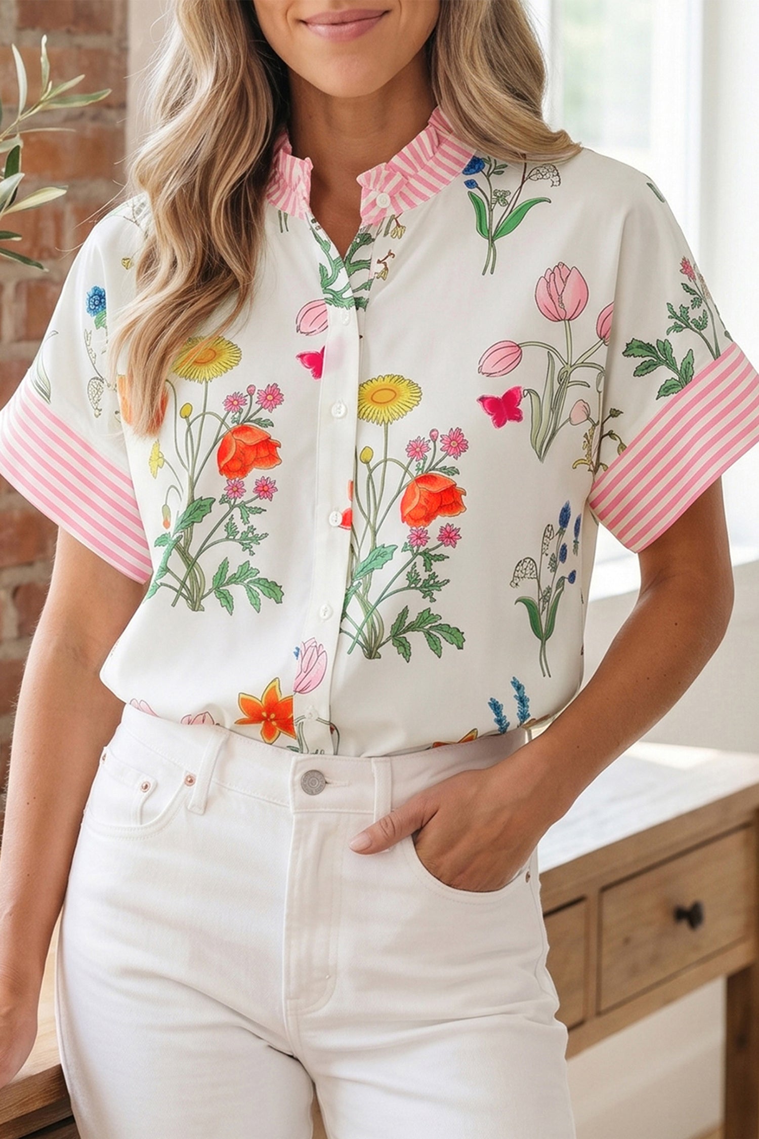 Floral Striped Patchwork Ruffled Collar Short Sleeve Shirt — women's everyday bottoms | J&H Apparel