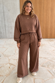 Brown Polka Dot Round Neck Long Sleeve Plus Size Set