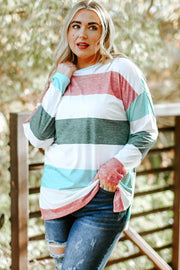 Plus size green colorblock pullover top with soft knit and relaxed fit