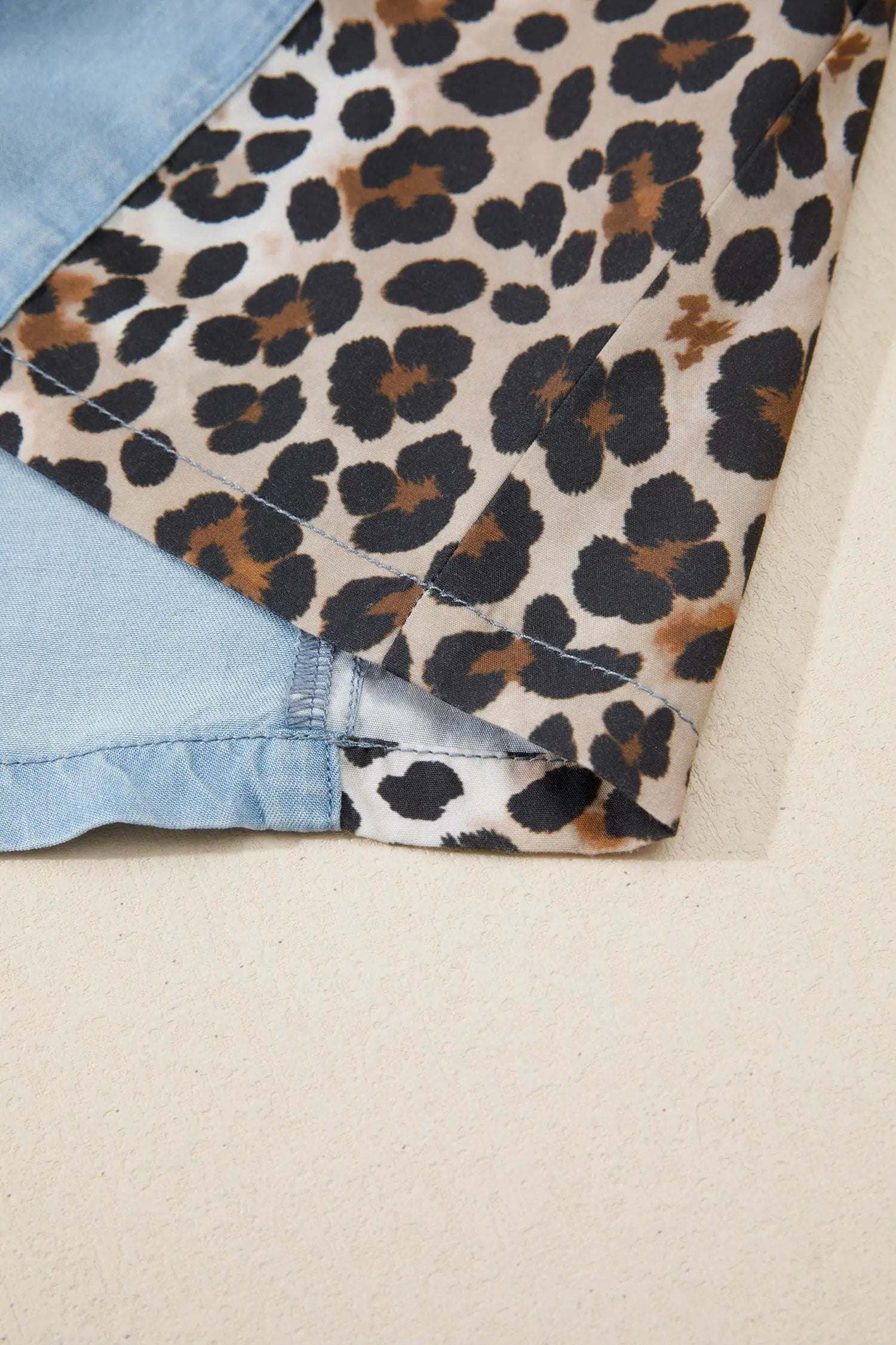 Leopard Print Mini Dress with denim color block and shirt collar