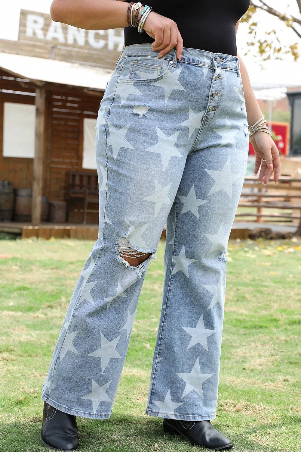 sky blue star printed multi buttons slit knee destroyed plus size jeans for women casual everyday outfit