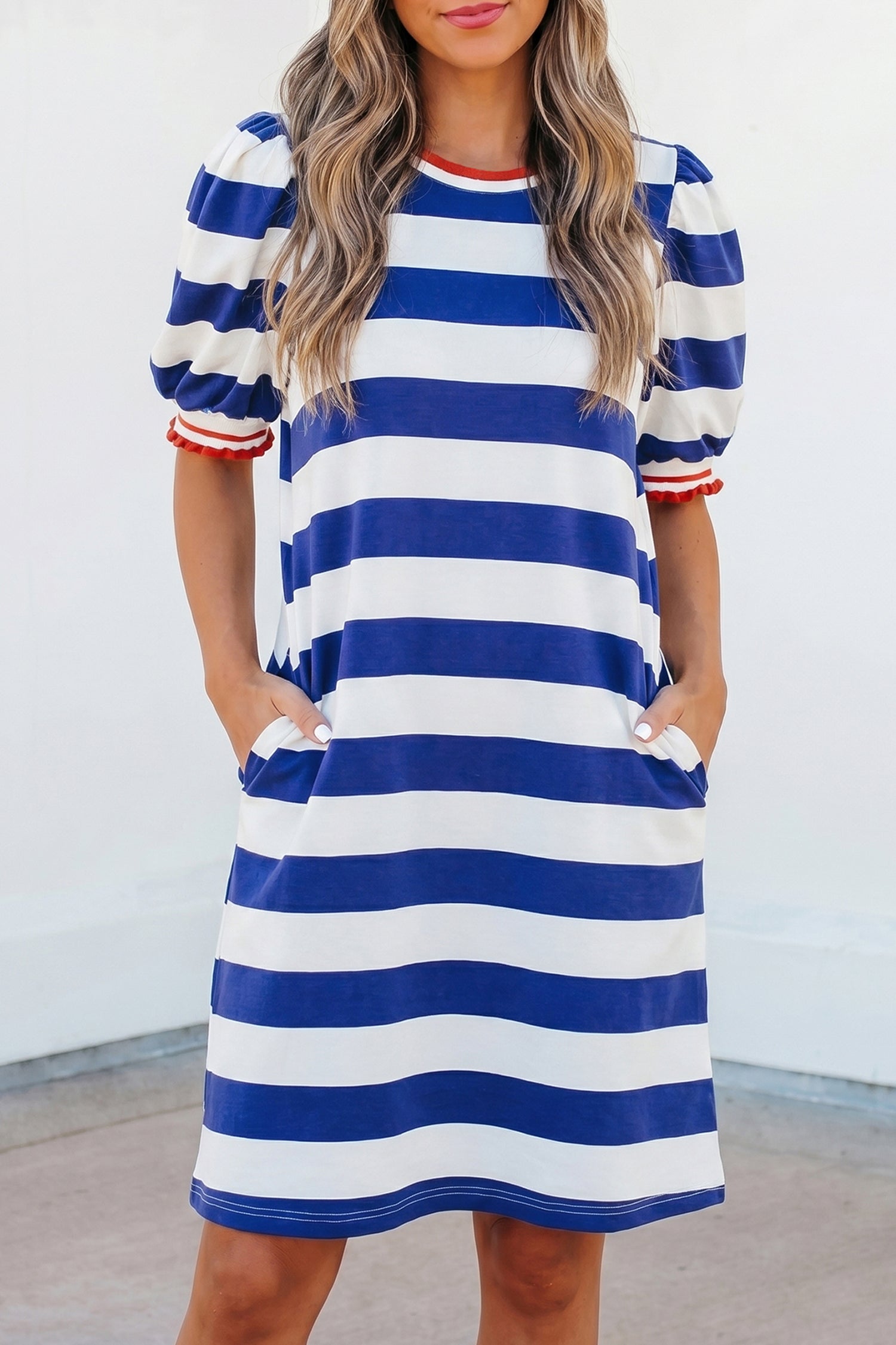 Stripe Contrast Trim Round Neck Short Puff Sleeve Shift Mini Dress — everyday dress for women | J&H Apparel