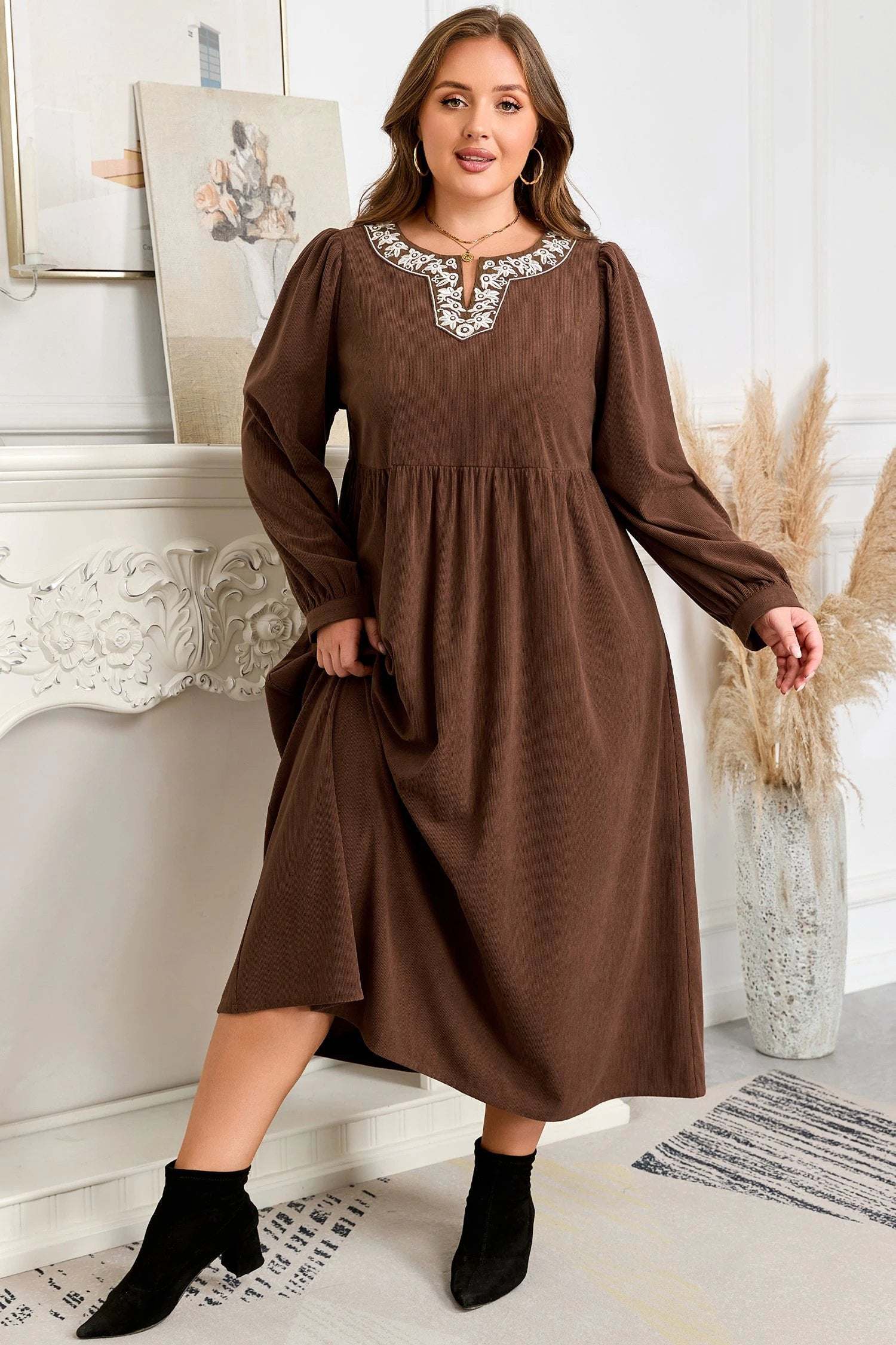 Plus size embroidered notched-neck midi dress with main character energy and flattering silhouette