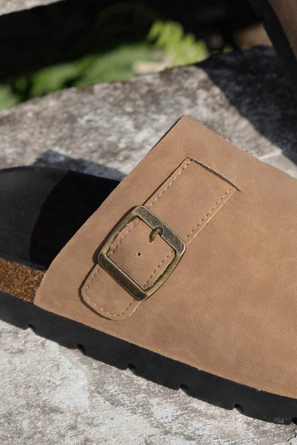Beige suede buckle detail slippers for women casual everyday outfit