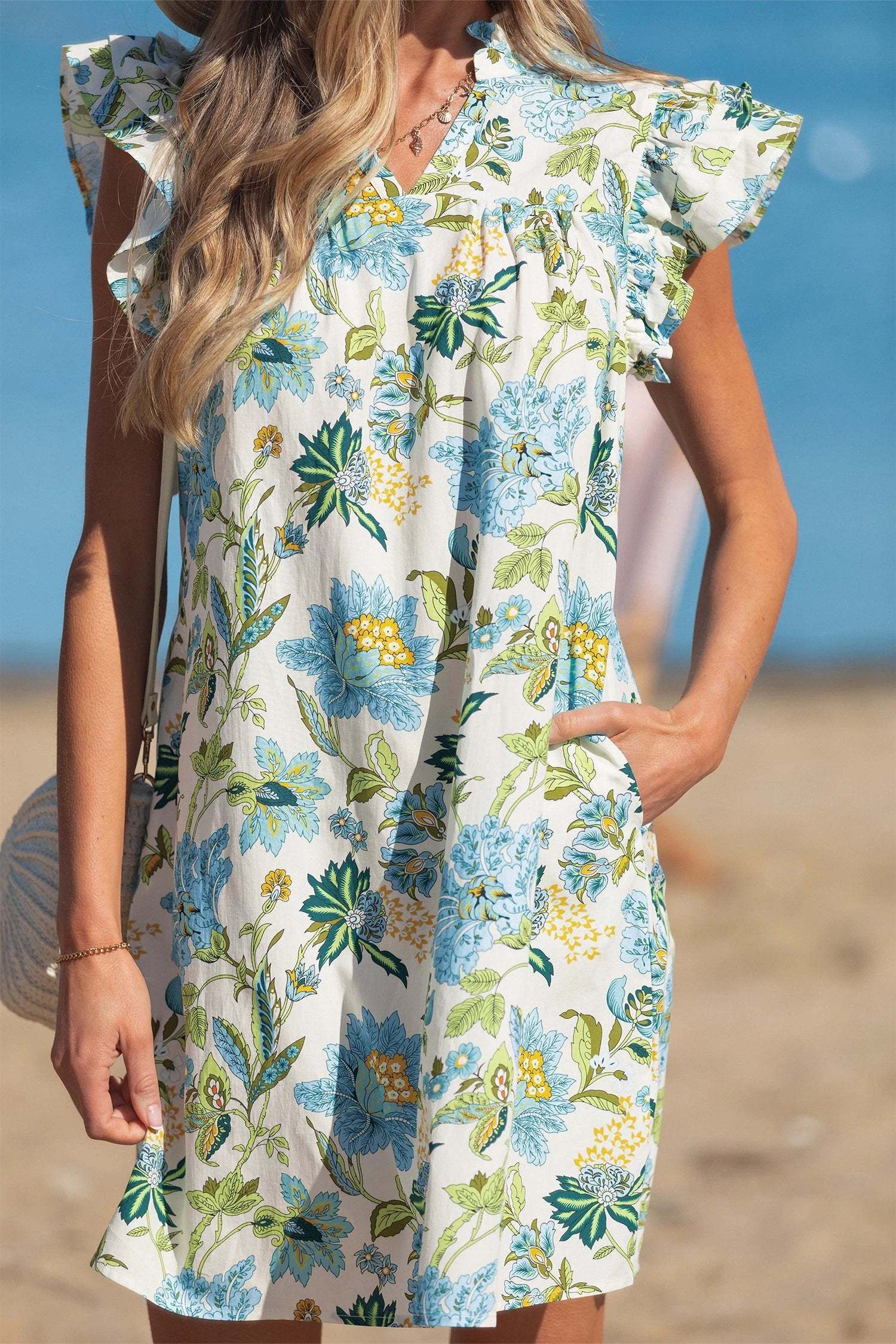 beige floral print v neck triple ruffle short sleeve shift mini dress for women casual everyday outfit
