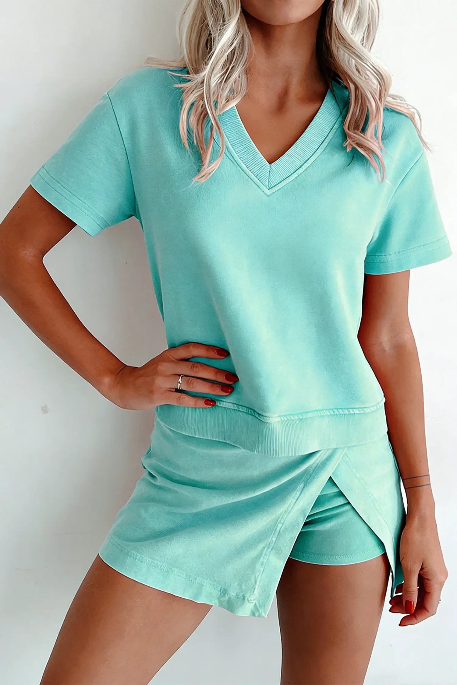 Dear-Lover Dropshipping Beau Blue Mineral Wash V Neck Tee Matching Skort Set - Two Piece Sets/Two Piece Dresses