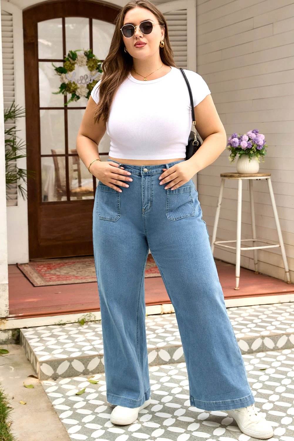 Plus size patch pocket textured denim wide leg jeans for moms