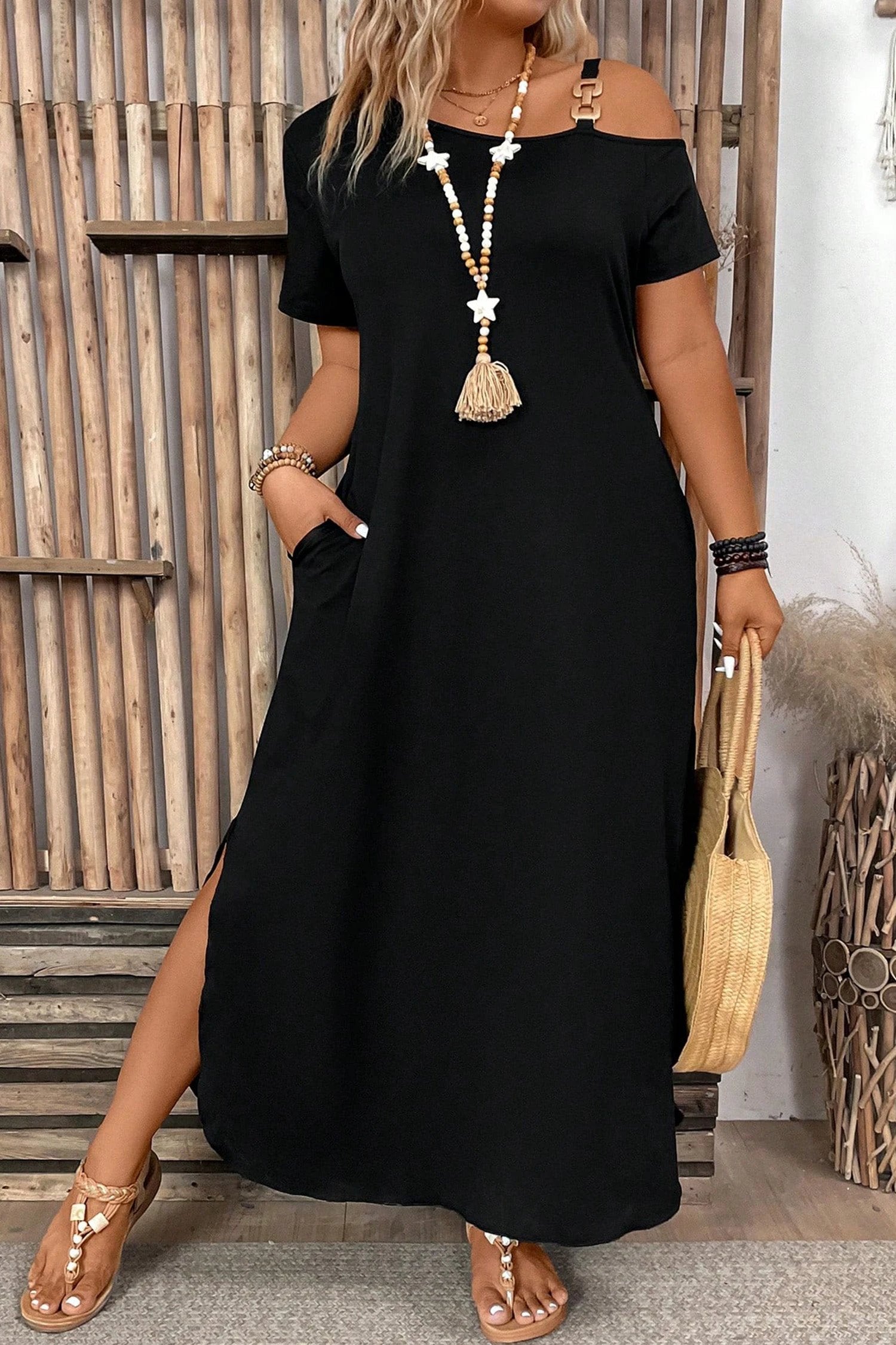 Plus size black asymmetric shoulder maxi dress with short sleeves and sleek H-line silhouette