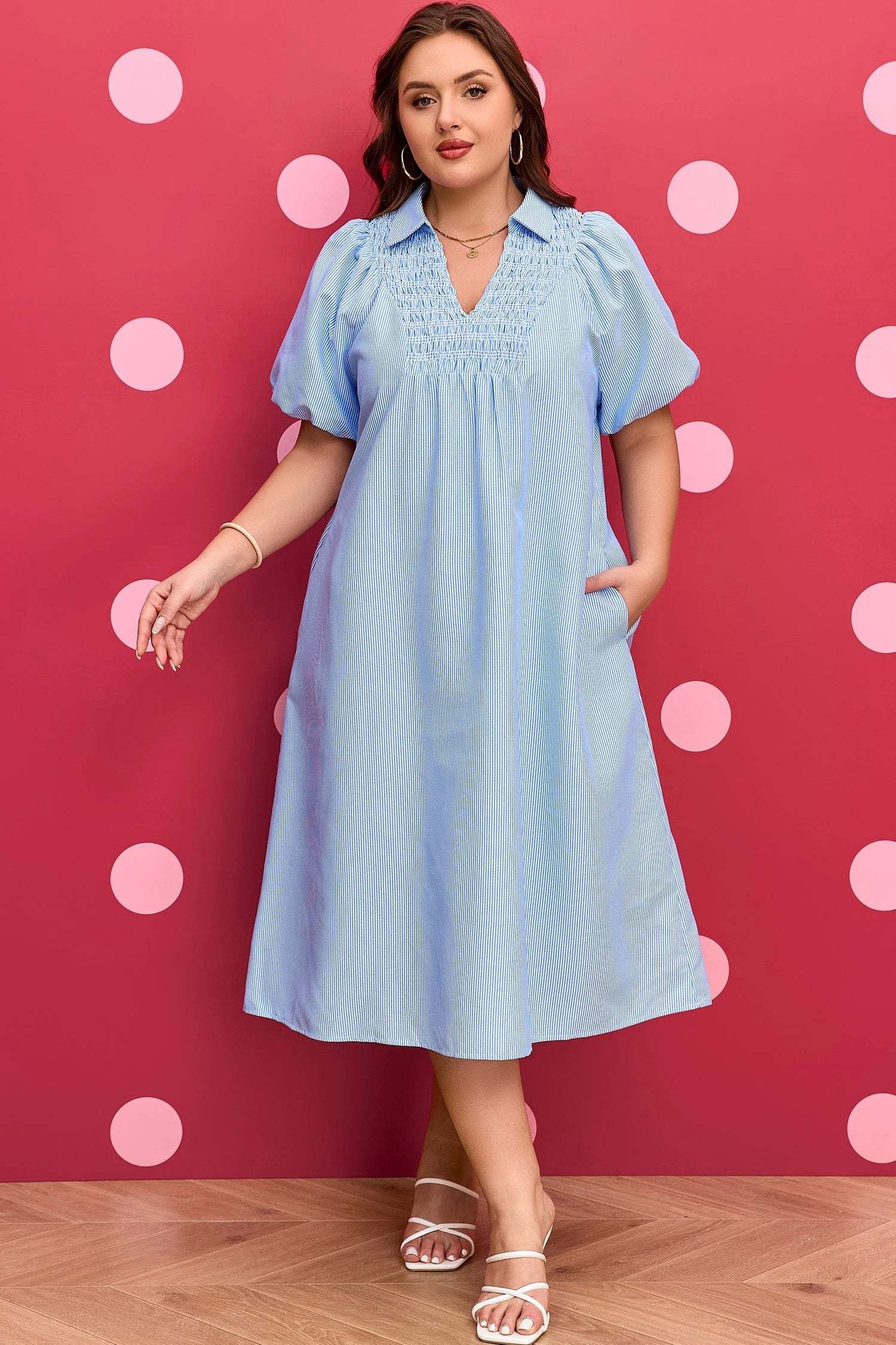 Dear-Lover Dropshipping Sky Blue Stripe Shirred Detail Collar V Neck Plus Size Midi Dress - Plus Size/Plus Size Dresses/Plus Size Midi Dresses