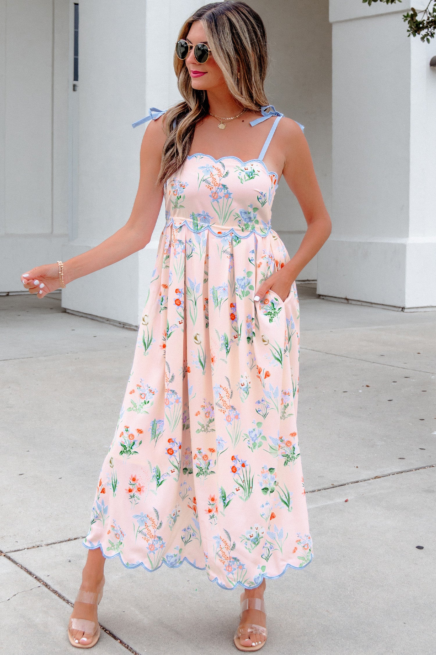 Floral Print Contrast Trim Self-tie Straps High-Waisted Midi Dress — everyday dress for women | J&H Apparel