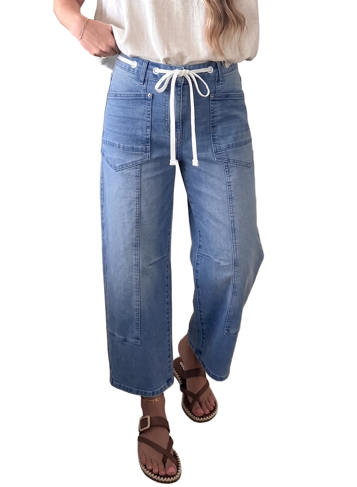 Solid Patchwork Grommet Tie Waist Loose Ankle-Length Jeans