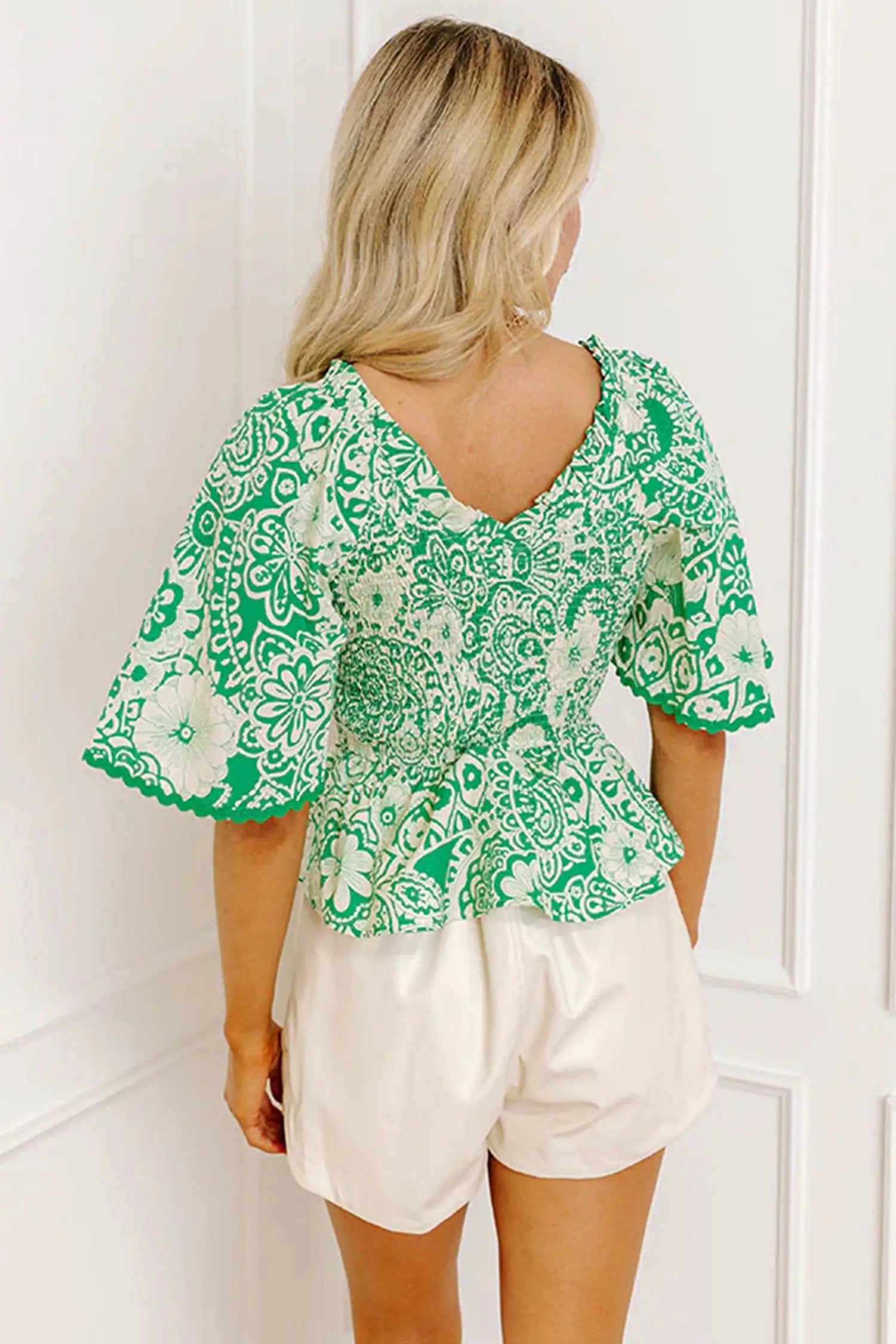 Dear-Lover Dropshipping Green Flirty Floral Smocked V Neck Blouse - Tops/Blouses & Shirts