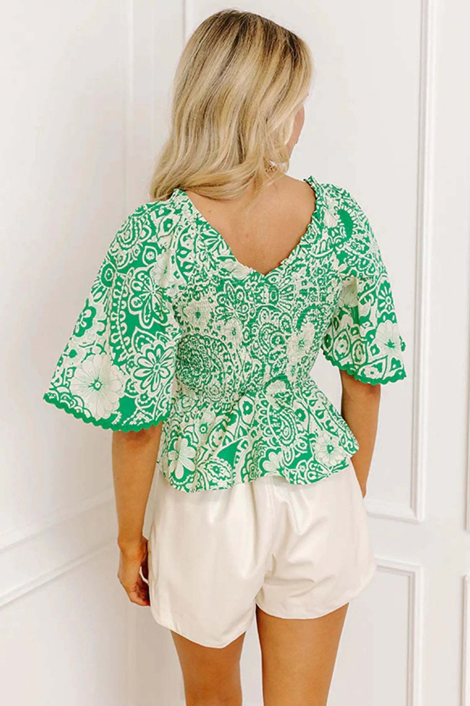 Dear-Lover Dropshipping Green Flirty Floral Smocked V Neck Blouse - Tops/Blouses & Shirts
