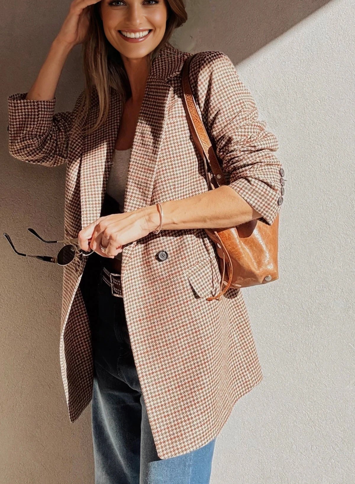 brown houndstooth lapel collar blazer for women casual everyday outfit