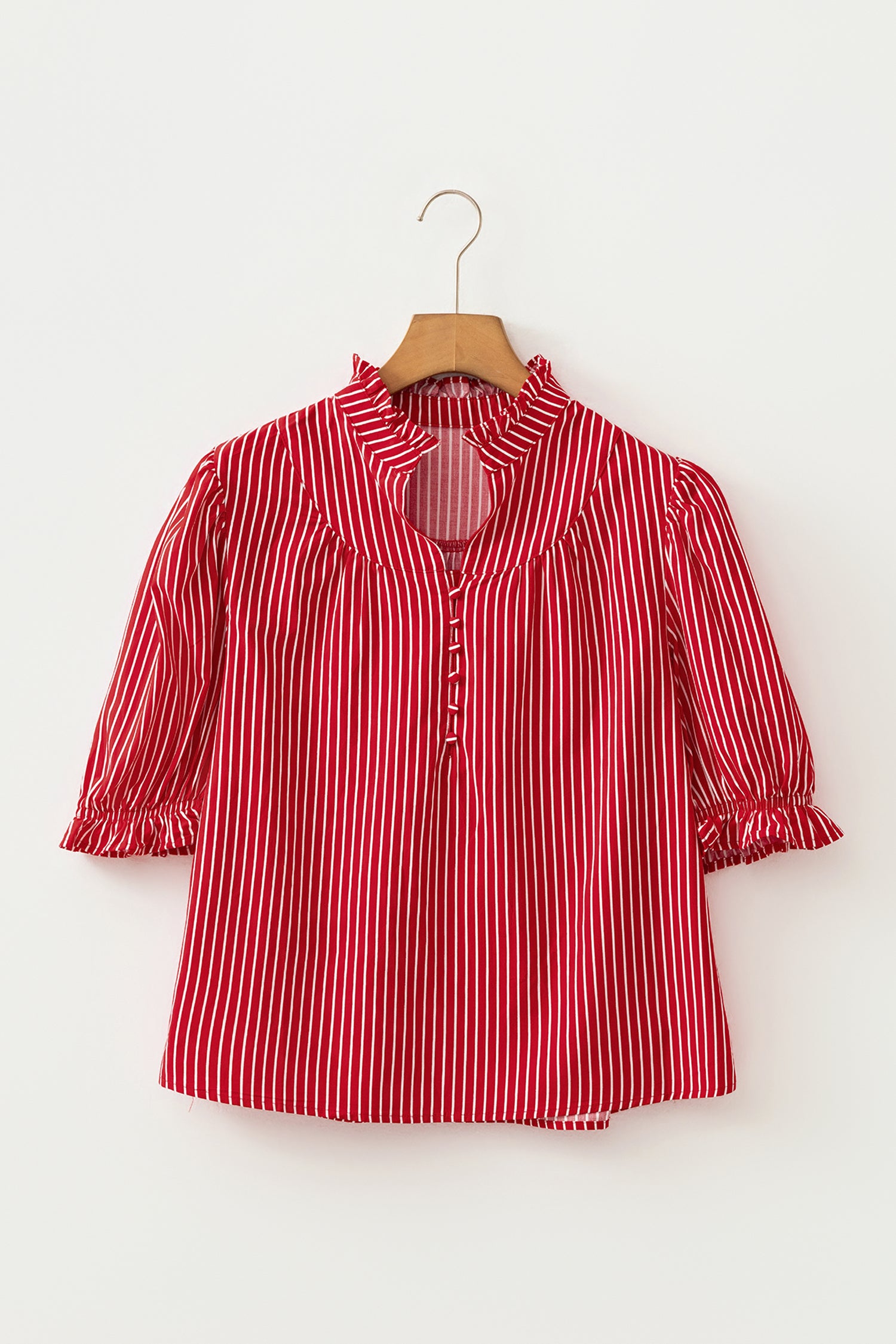 Stripe Ruffled Short Puff Sleeve Button Front Blouse — women's everyday bottoms | J&H Apparel