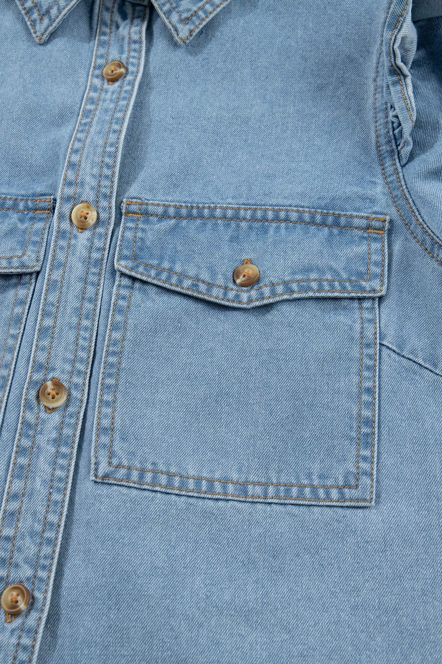 denim ruffle detail short puff sleeve button down flap pocket denim shirt for women casual everyday outfit