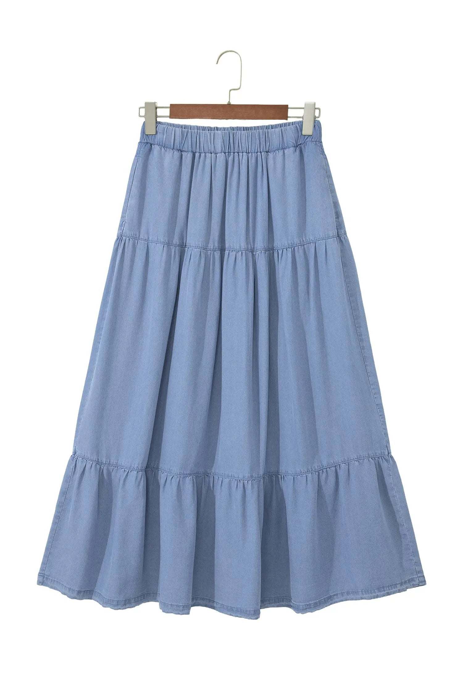 Dear-Lover Dropshipping Western Boho Glow | Denim Maxi Skirt With Elastic Waist, Tiered Ruffles And Flared Hem - Skirts Bottoms/Skirts & Petticoat