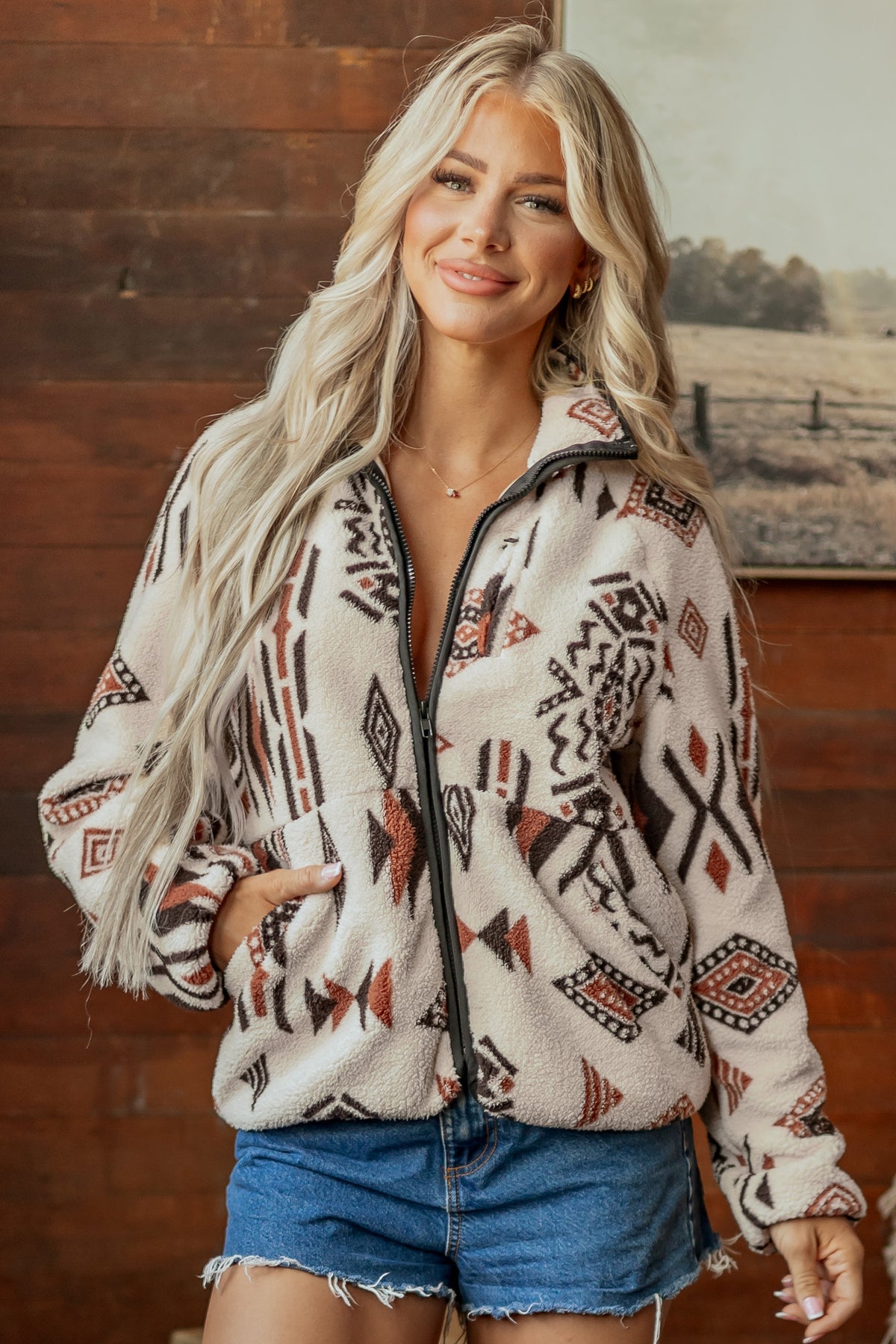 Geometric Print Long Sleeve Shirt Collar Zip-Up Placket Binding Tape Jacket