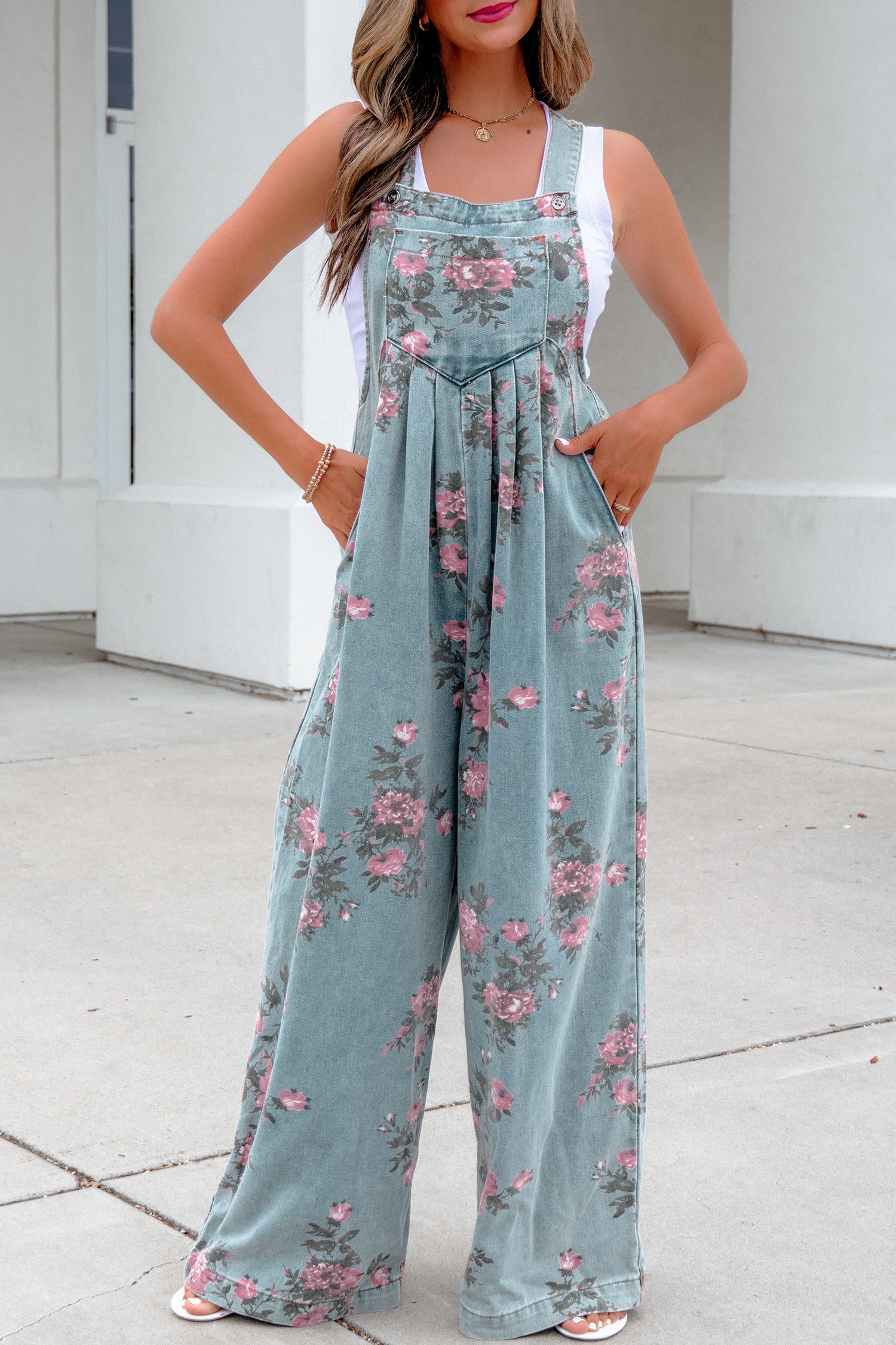 Floral Print Pleated High-Waisted Wide-Leg Denim Jumpsuit — everyday dress for women | J&H Apparel