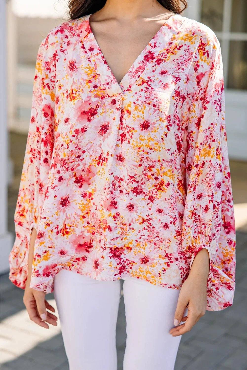 pink ditsy floral bubble sleeve v neck blouse for women casual everyday outfit