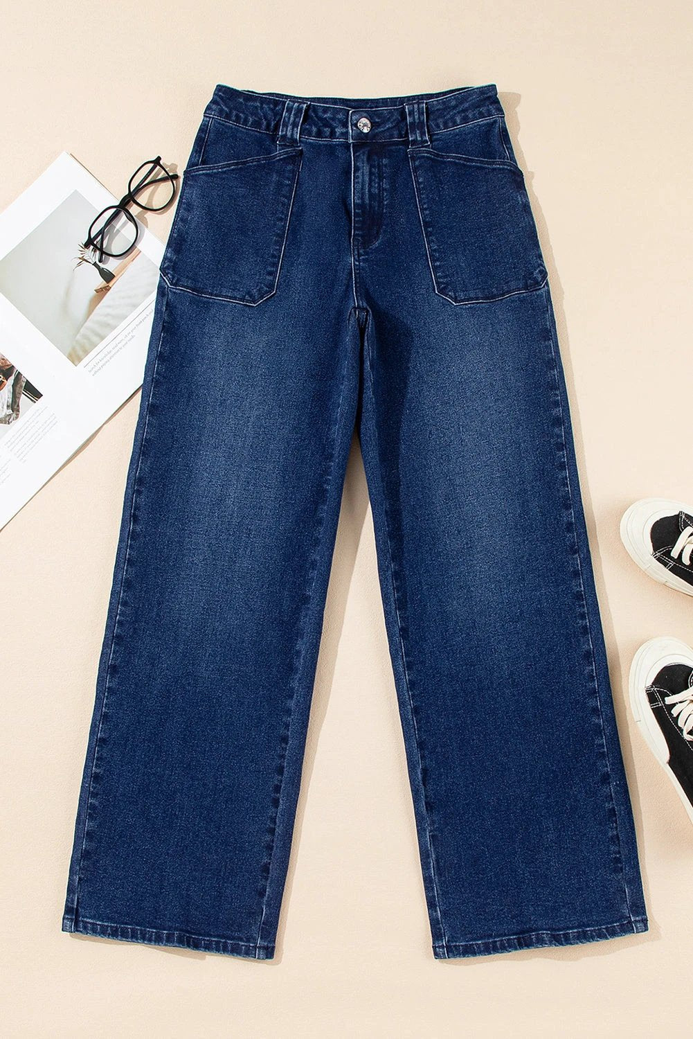 Dirty blue mid-rise straight-leg Chic Mom jeans on model, versatile and comfortable denim with classic five-pocket design